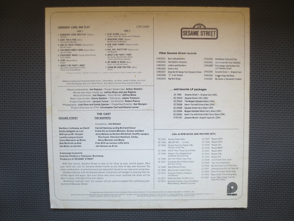 SESAME STREET, Somebody Come and PLAY, Childrens Record, Kids Record, Childrens Album, Kids Album, Kids Lp, Lp, 1974 Record