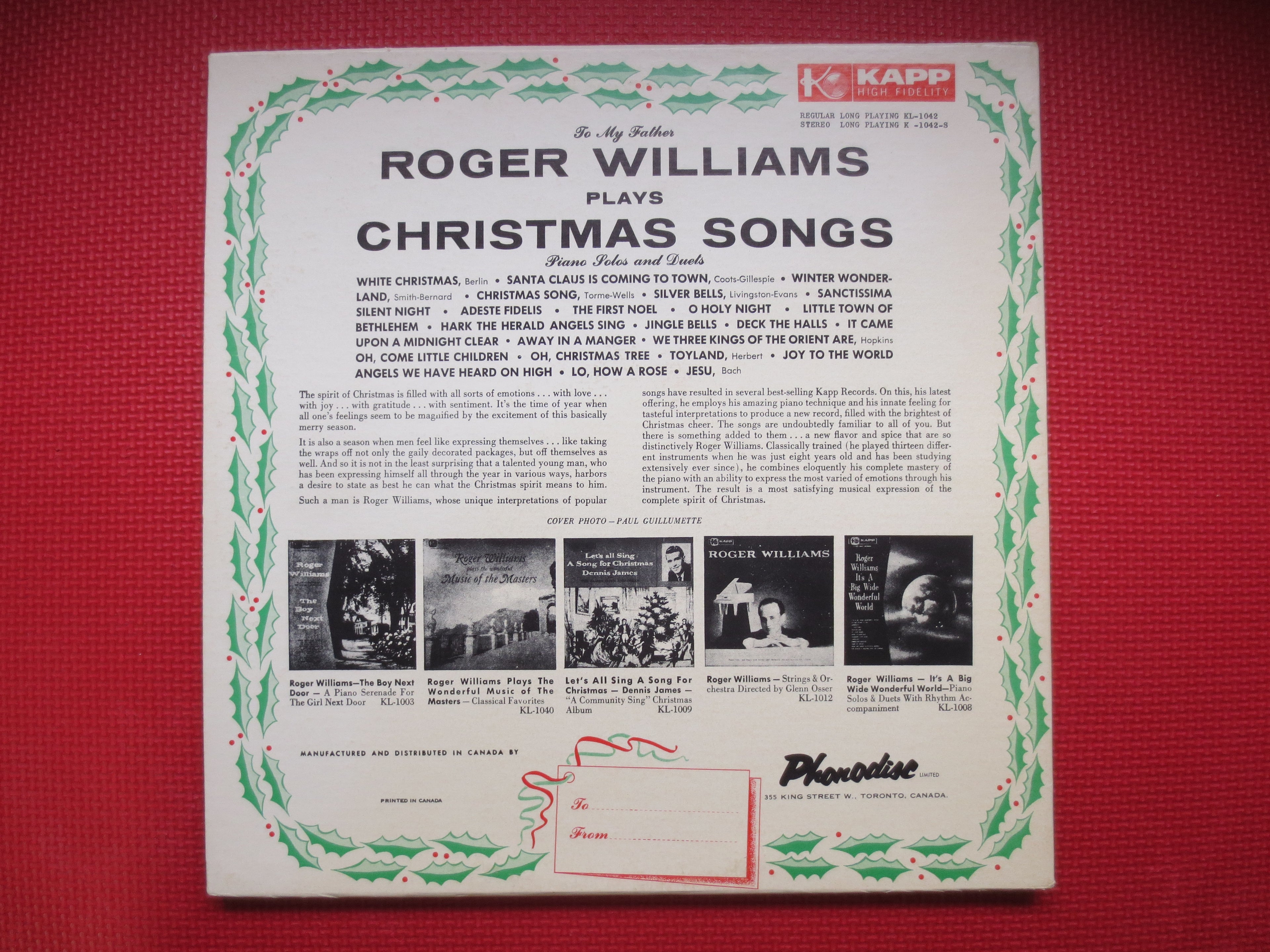 Roger Williams – Christmas Songs (1956) Vinyl LP