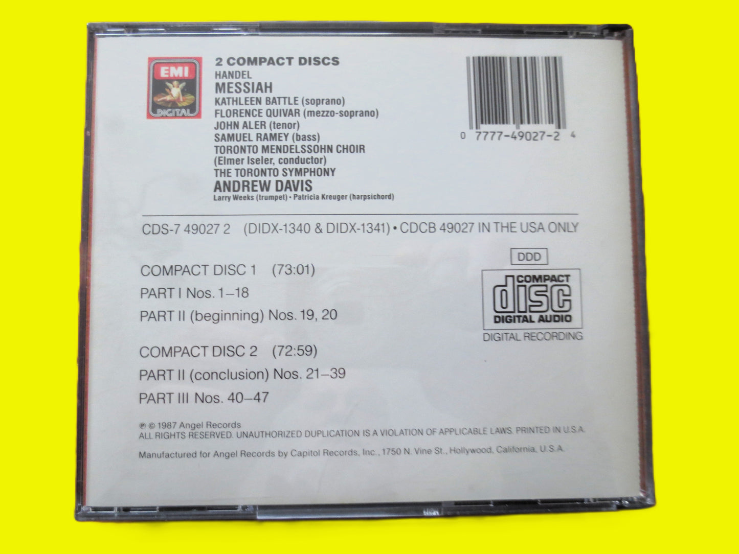 Handel MESSIAH, 2 Discs, CHRISTMAS Music, MESSIAH Cd, 1987 Compact Disc