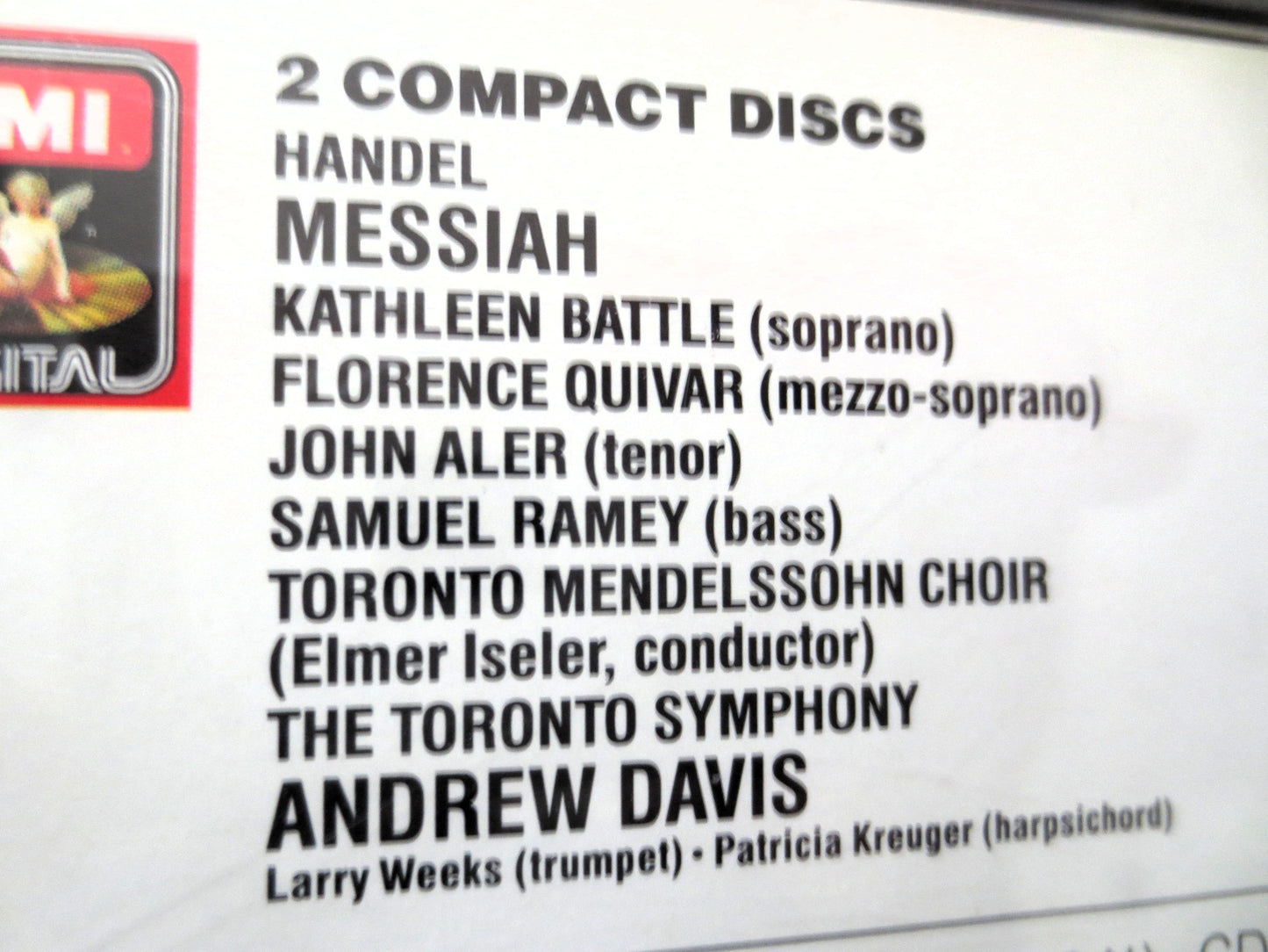 Handel MESSIAH, 2 Discs, CHRISTMAS Music, MESSIAH Cd, 1987 Compact Disc