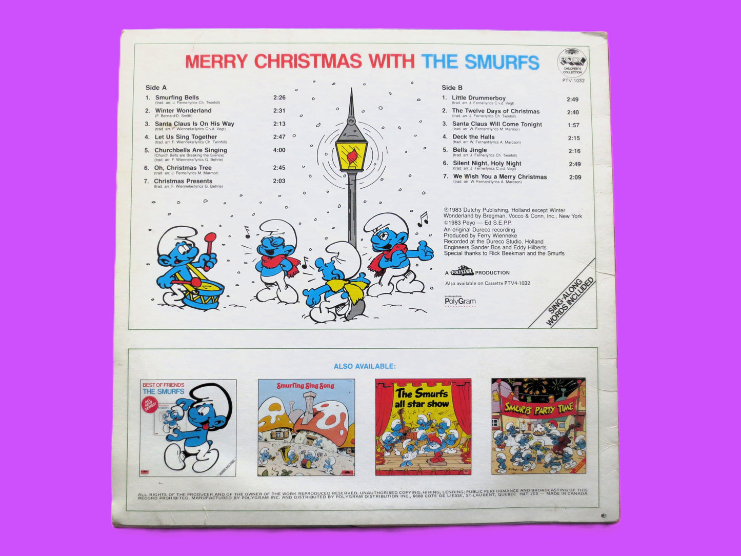 The SMURFS, MERRY CHRISTMAS, Vinyl Record, 1983 Kids Lp, Smurfs Album