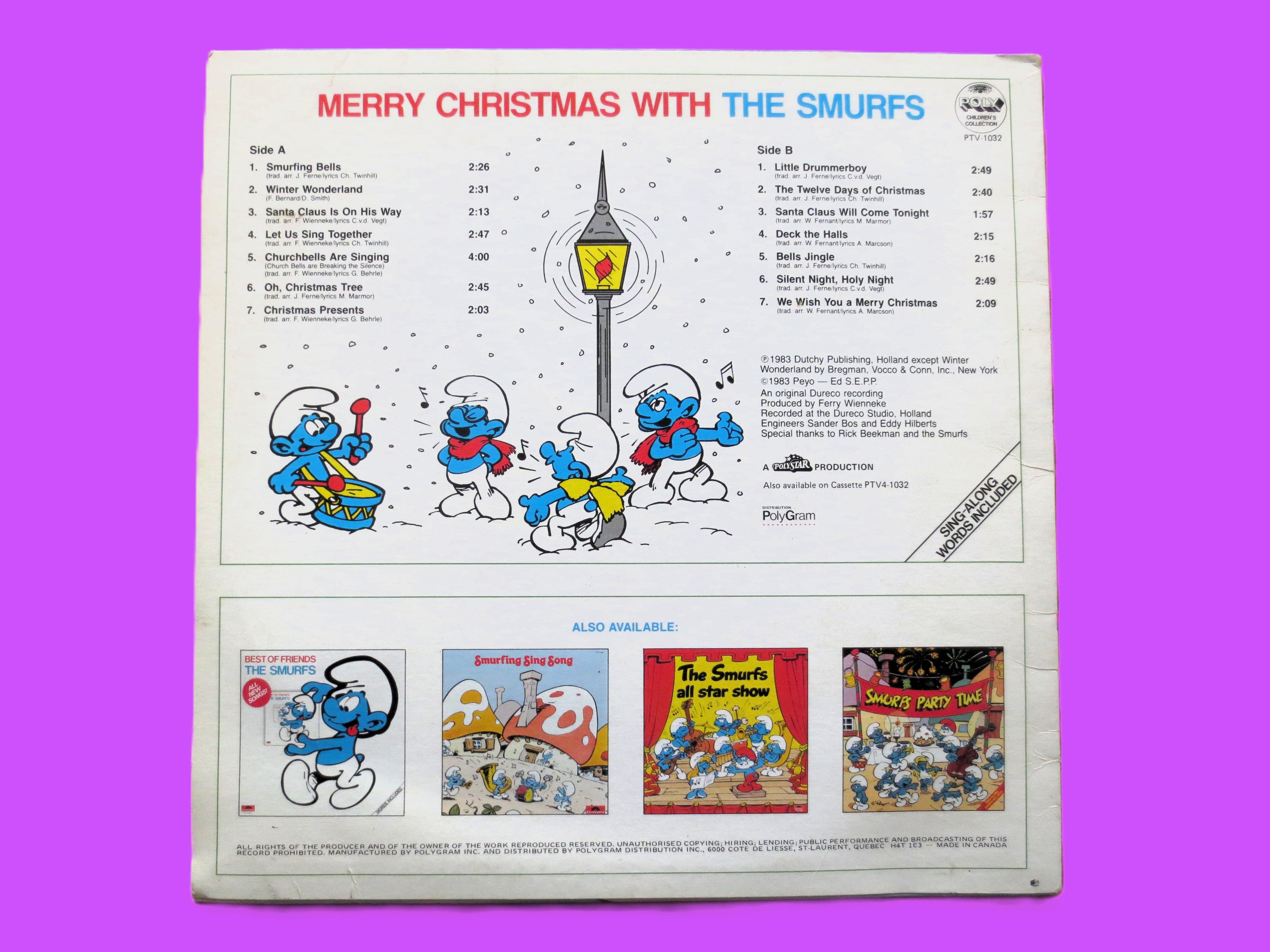 The SMURFS, MERRY CHRISTMAS, Vinyl Record, 1983 Kids Lp, Smurfs Album