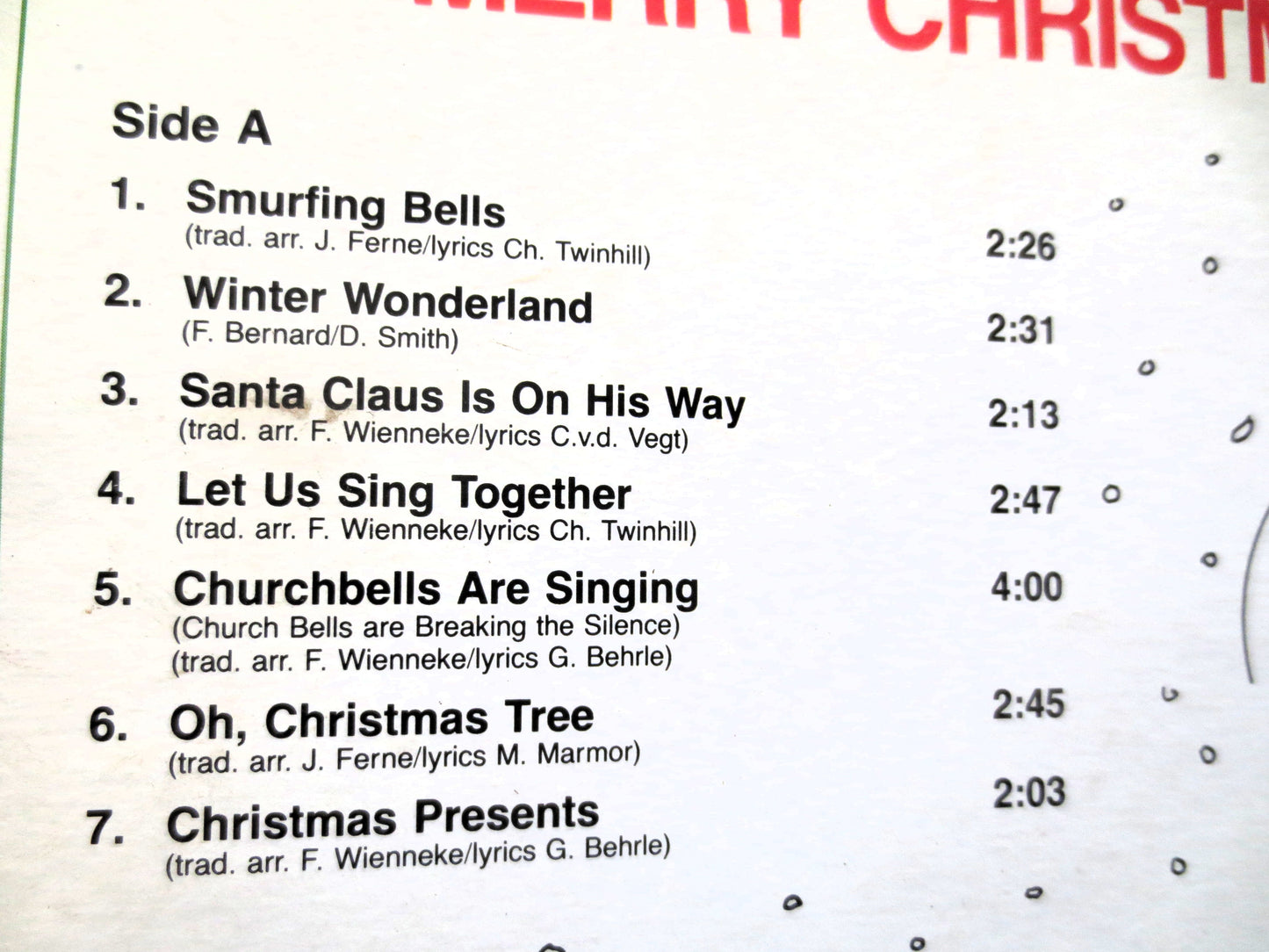 The SMURFS, MERRY CHRISTMAS, Vinyl Record, 1983 Kids Lp, Smurfs Album