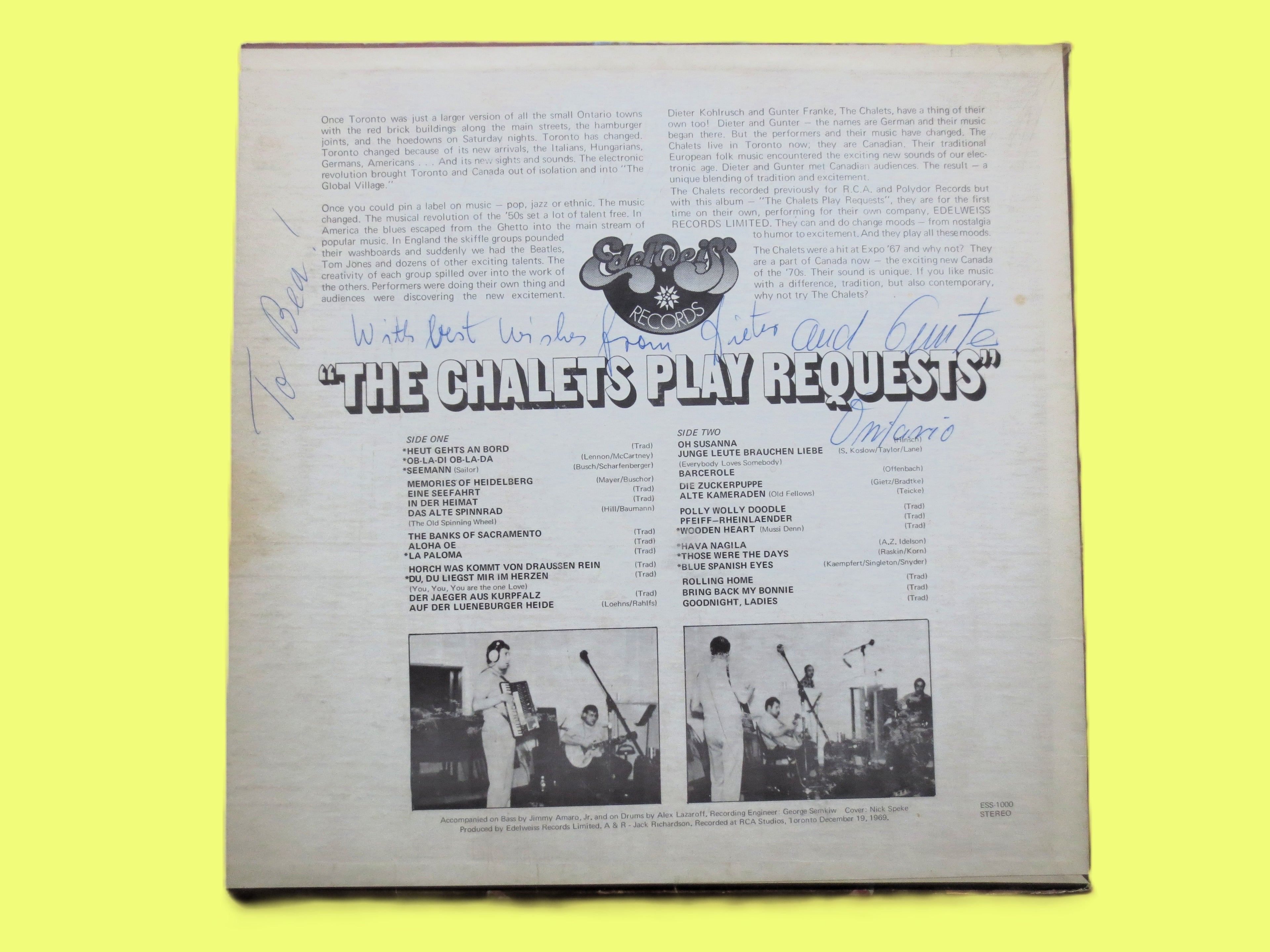 The CHALETS, PLAY Requests, AUTOGRAPHED, Vintage Album, 1969 Record, Vinyl Lp