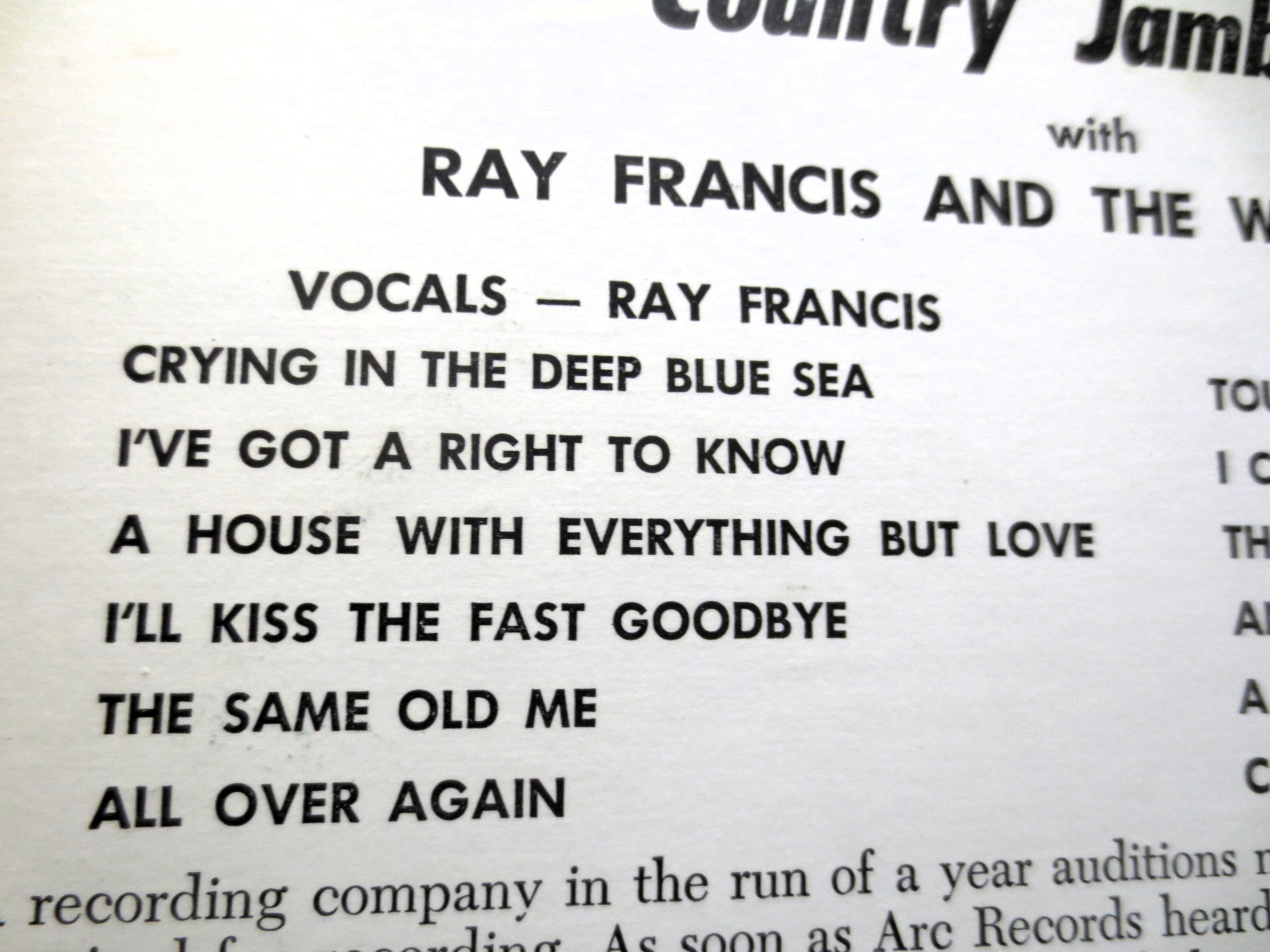 RAY FRANCIS and The WHIPPOORWILLS, Country Jamboree, Vintage Album, 1963 Record, Vinyl Lp