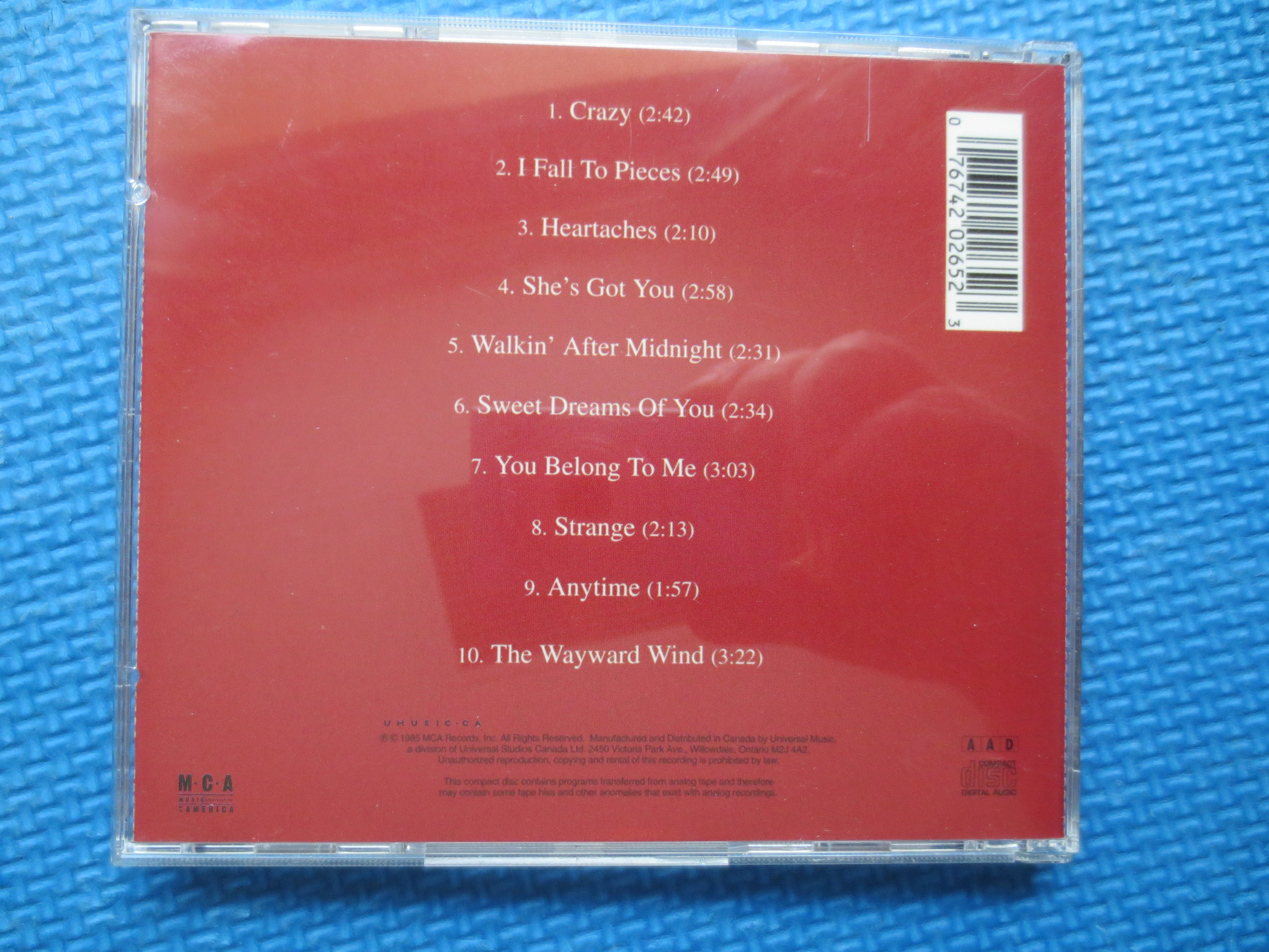 PATSY CLINE, Heartaches, Greatest Hits, 1985 Compact Disc, Vintage Cd