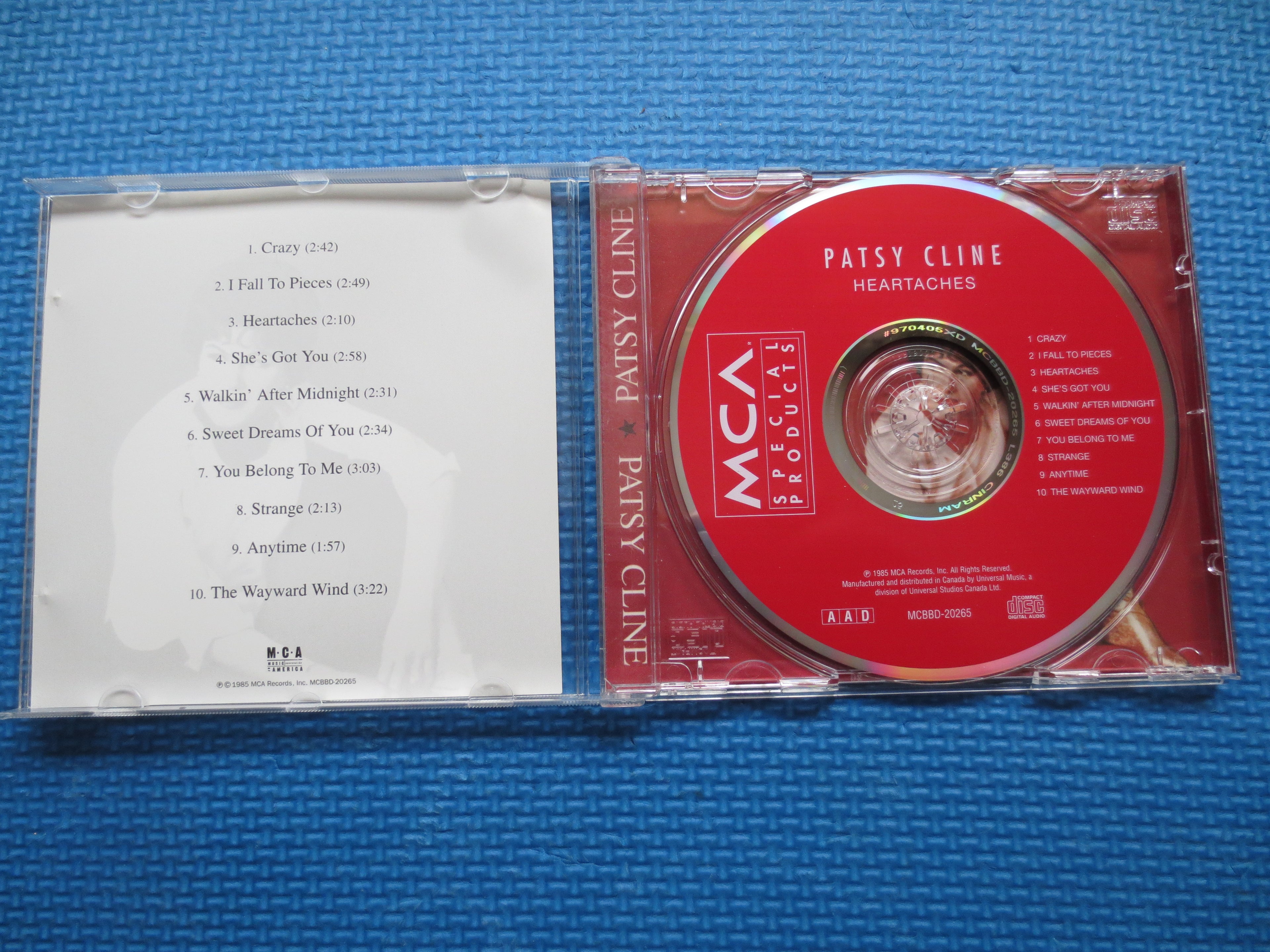 PATSY CLINE, Heartaches, Greatest Hits, 1985 Compact Disc, Vintage Cd