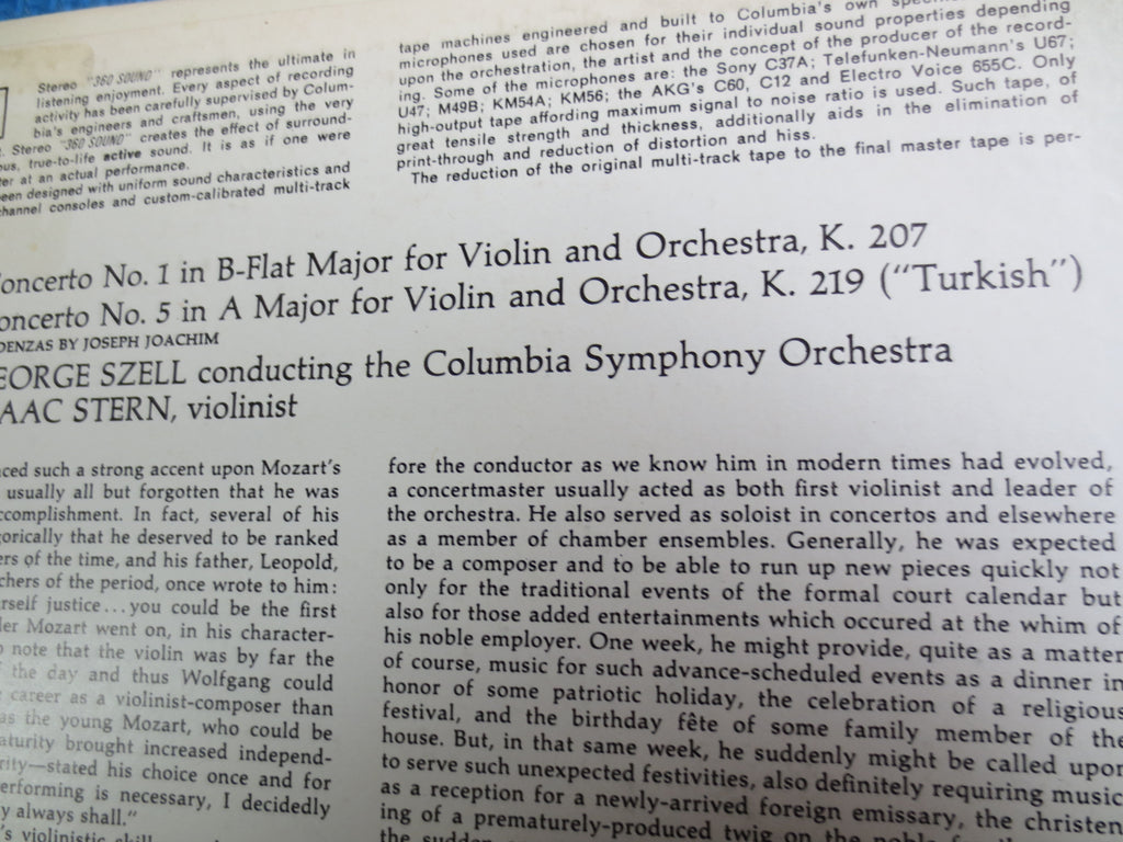MOZART, Wolfgang Amadeus Mozart, Isaac Stern, George Szell, Columbia Symphony Orchestra, MOZART Record, MOZART Album, Classical, 1964 Record