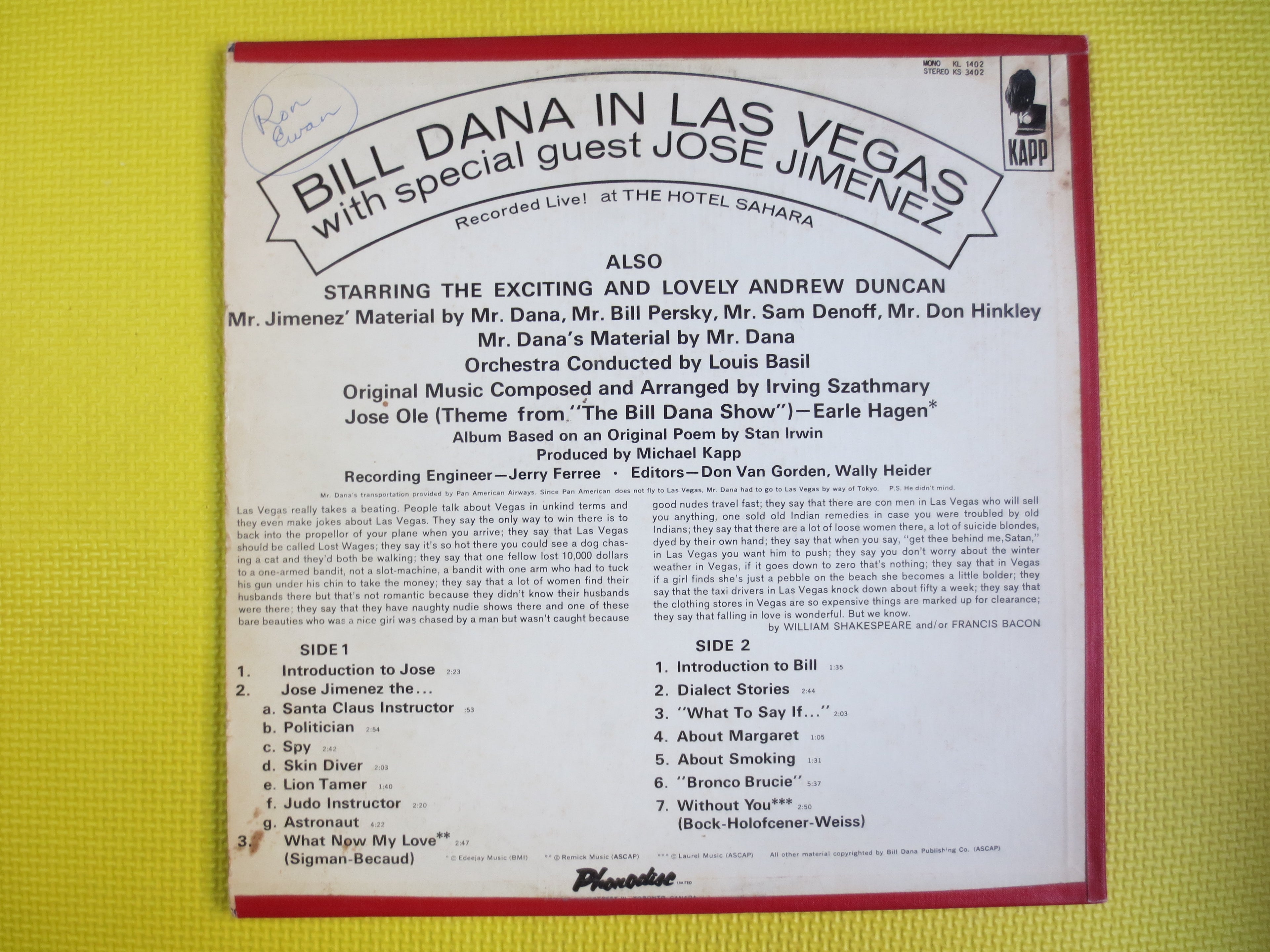 JOSE JIMENEZ, in Las VEGAS, Comedy Records, Bill Dana Record, Comedy Album, Bill Dana Album, Vintage Record, Bill Dana, Vinyl, 1964 Records