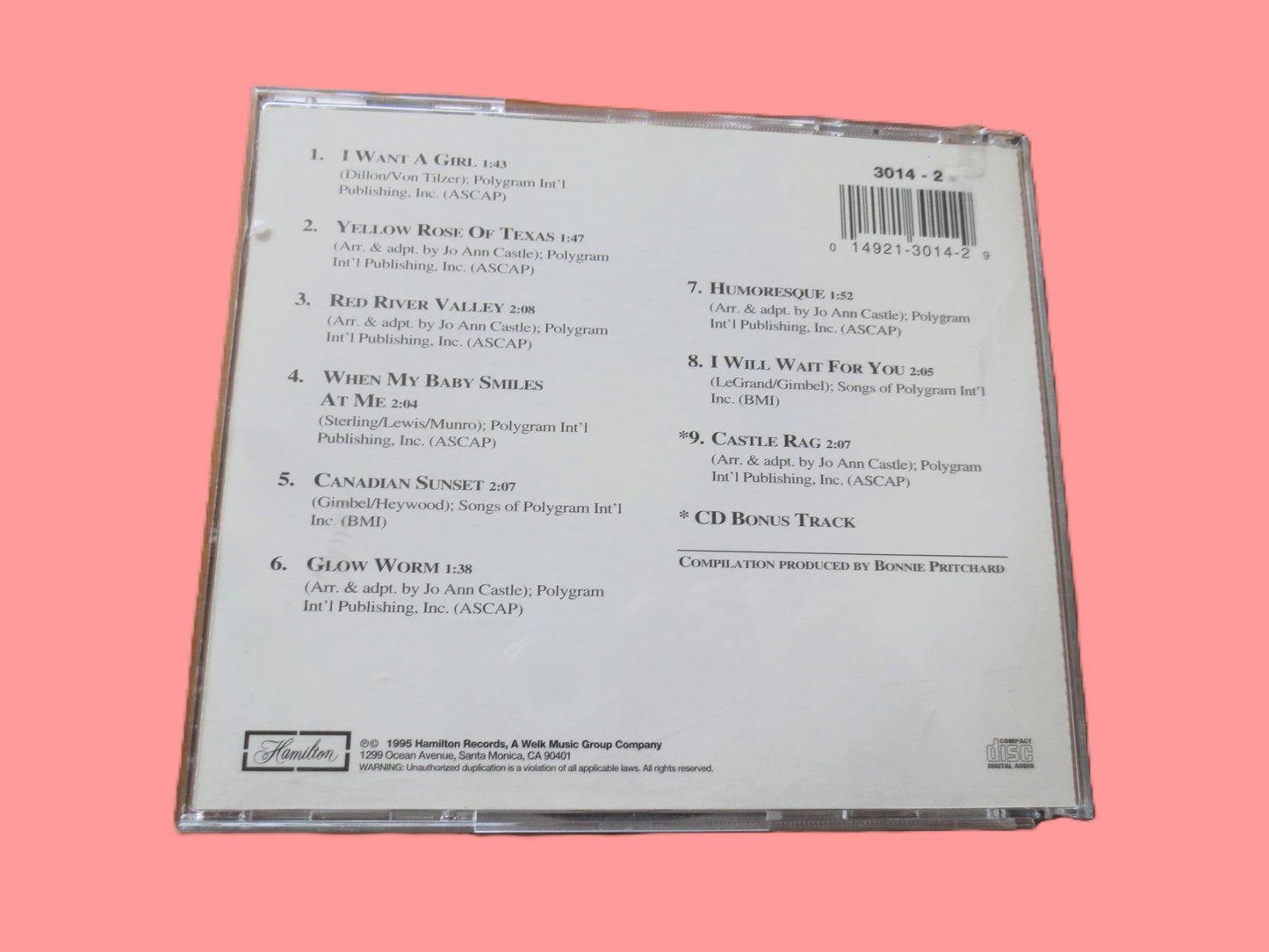 JO ANN CASTLE, The Ragtime Favorites, Ragtime Piano, 1995 Compact Disc, Vintage Cd