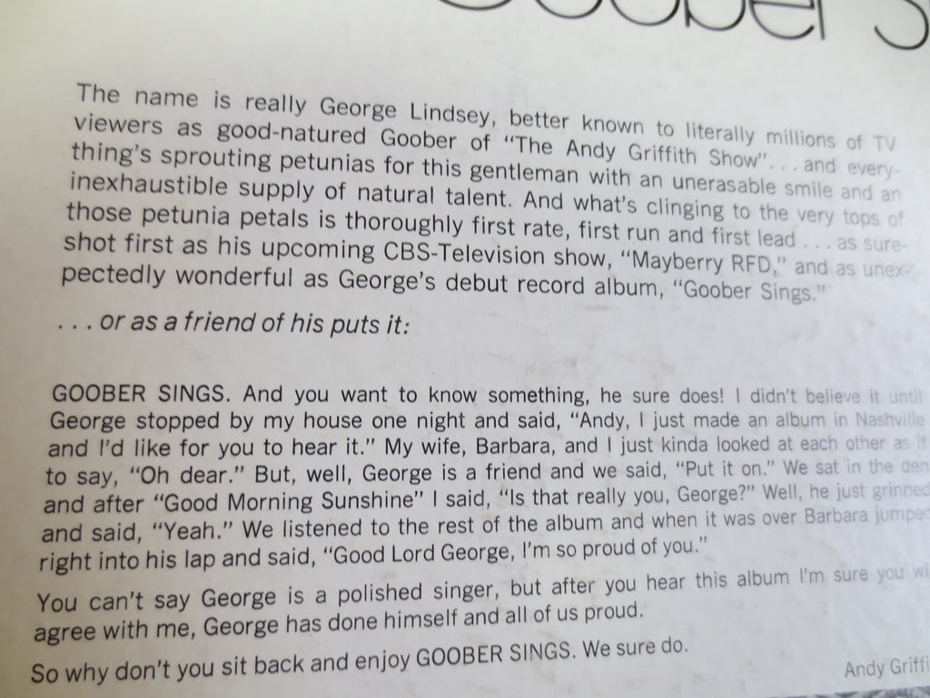 GOOBER SINGS! - George Lindsay, Vintage Album, 1968 Record, Vinyl Lp