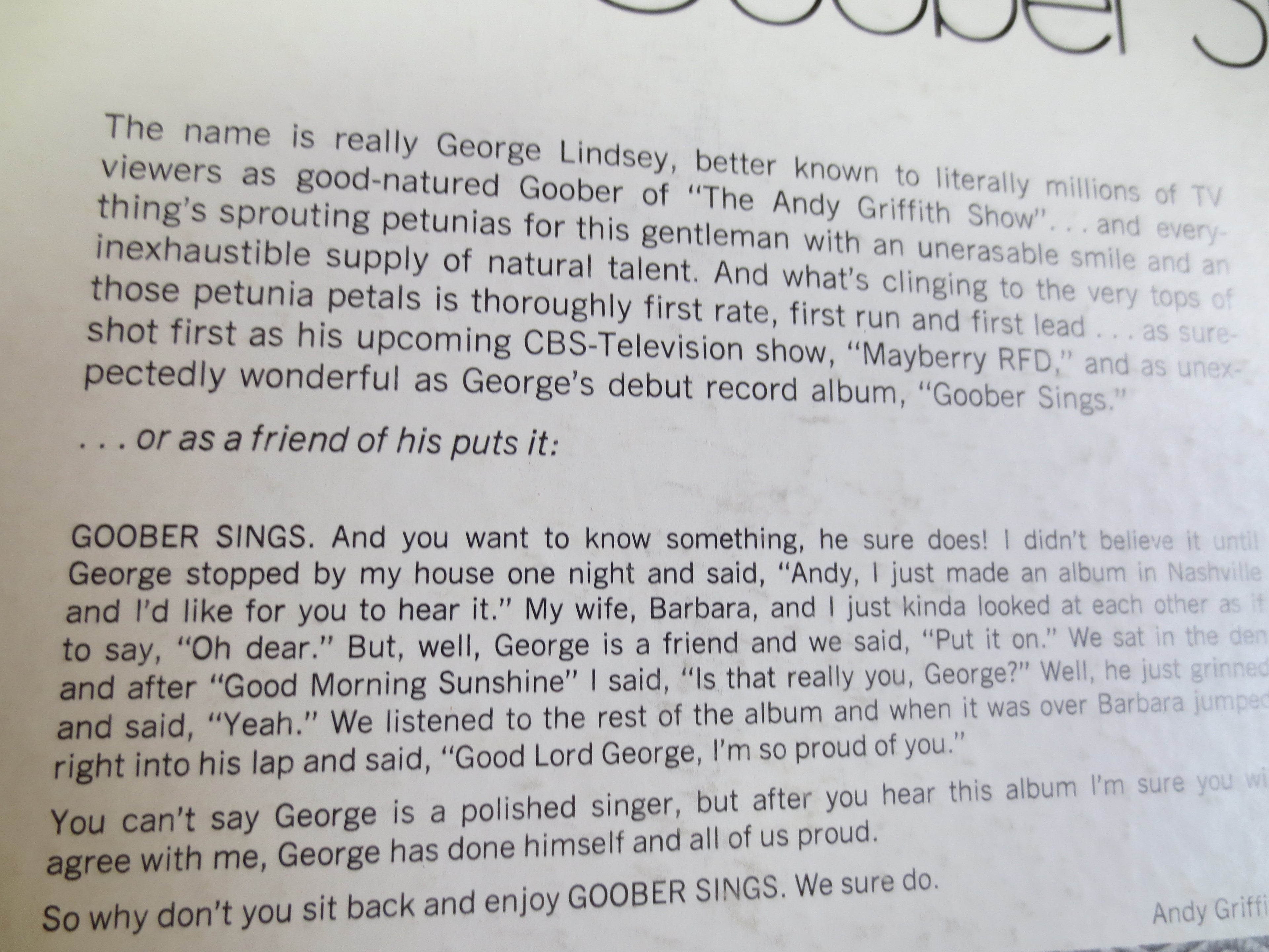 GOOBER SINGS! - George Lindsay, Vintage Album, 1968 Record, Vinyl Lp