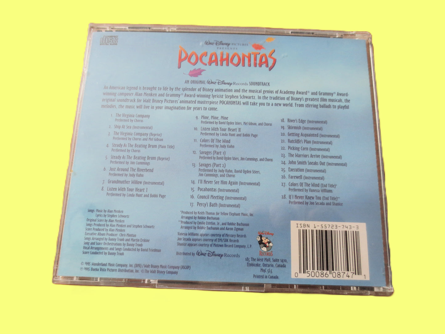 POCAHONTAS, Movie SOUNDTRACK, DISNEY Music, 1995 Compact Disc, Vintage Cd