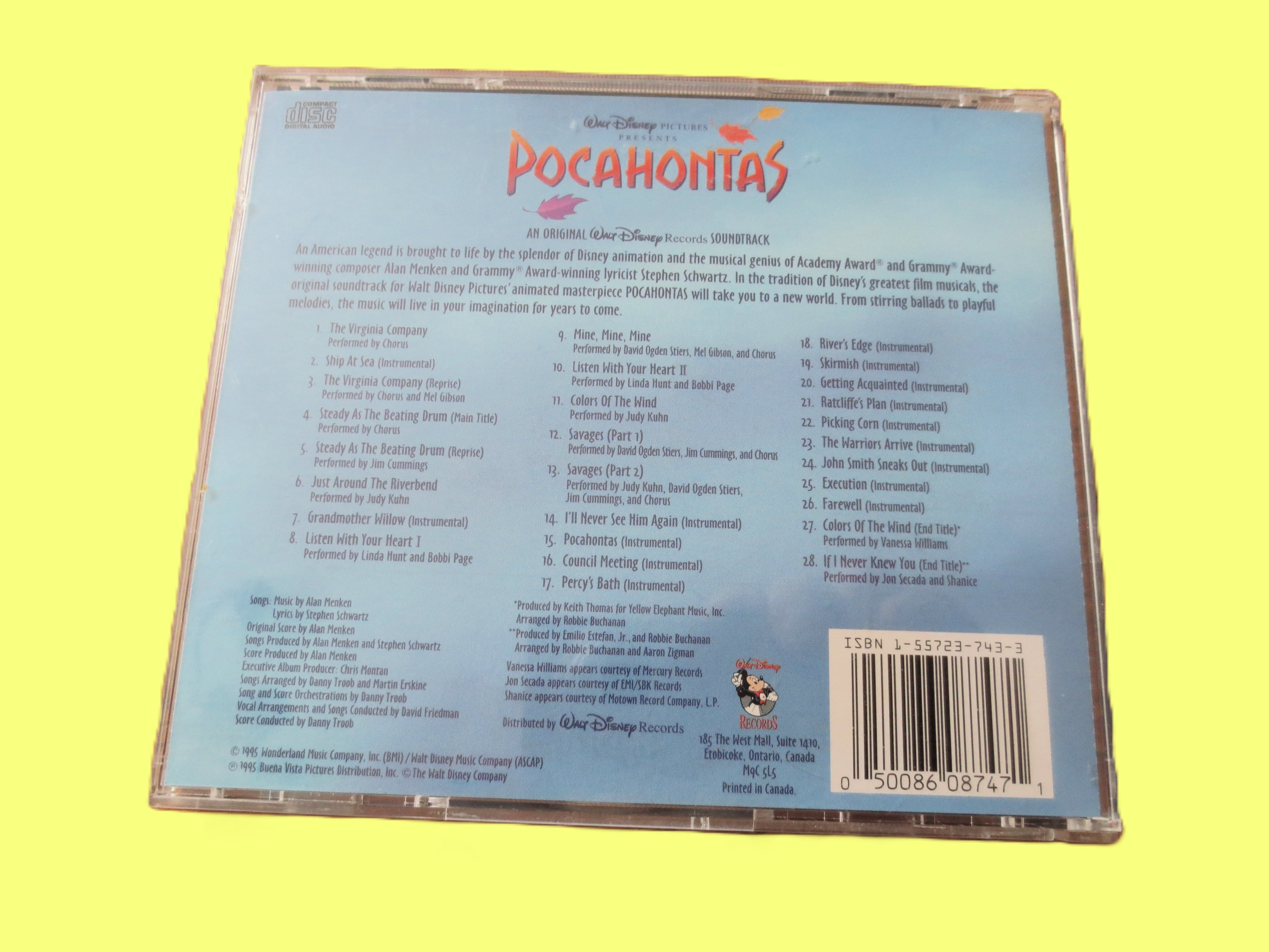 POCAHONTAS, Movie SOUNDTRACK, DISNEY Music, 1995 Compact Disc, Vintage Cd