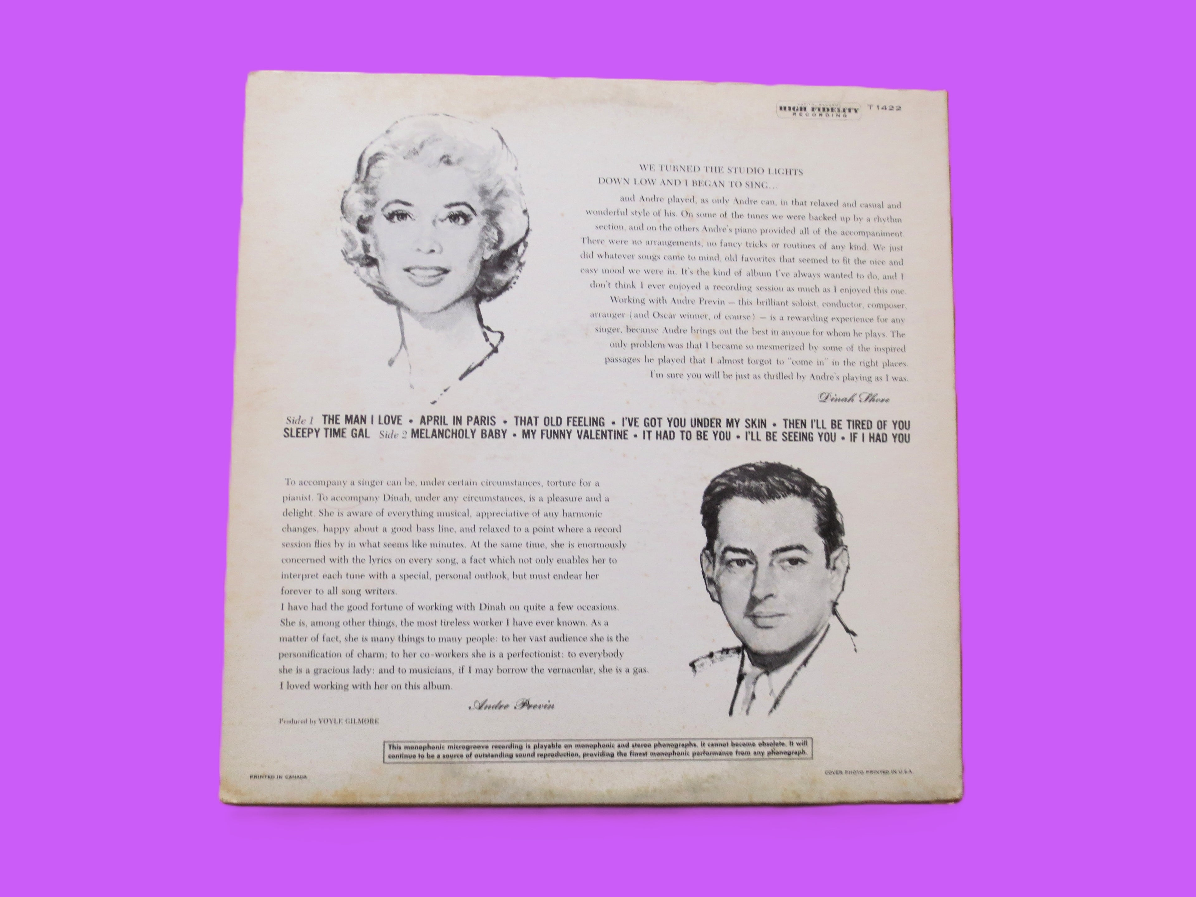 Dinah Shore – Dinah Sings, Previn Plays (1960) Vinyl LP