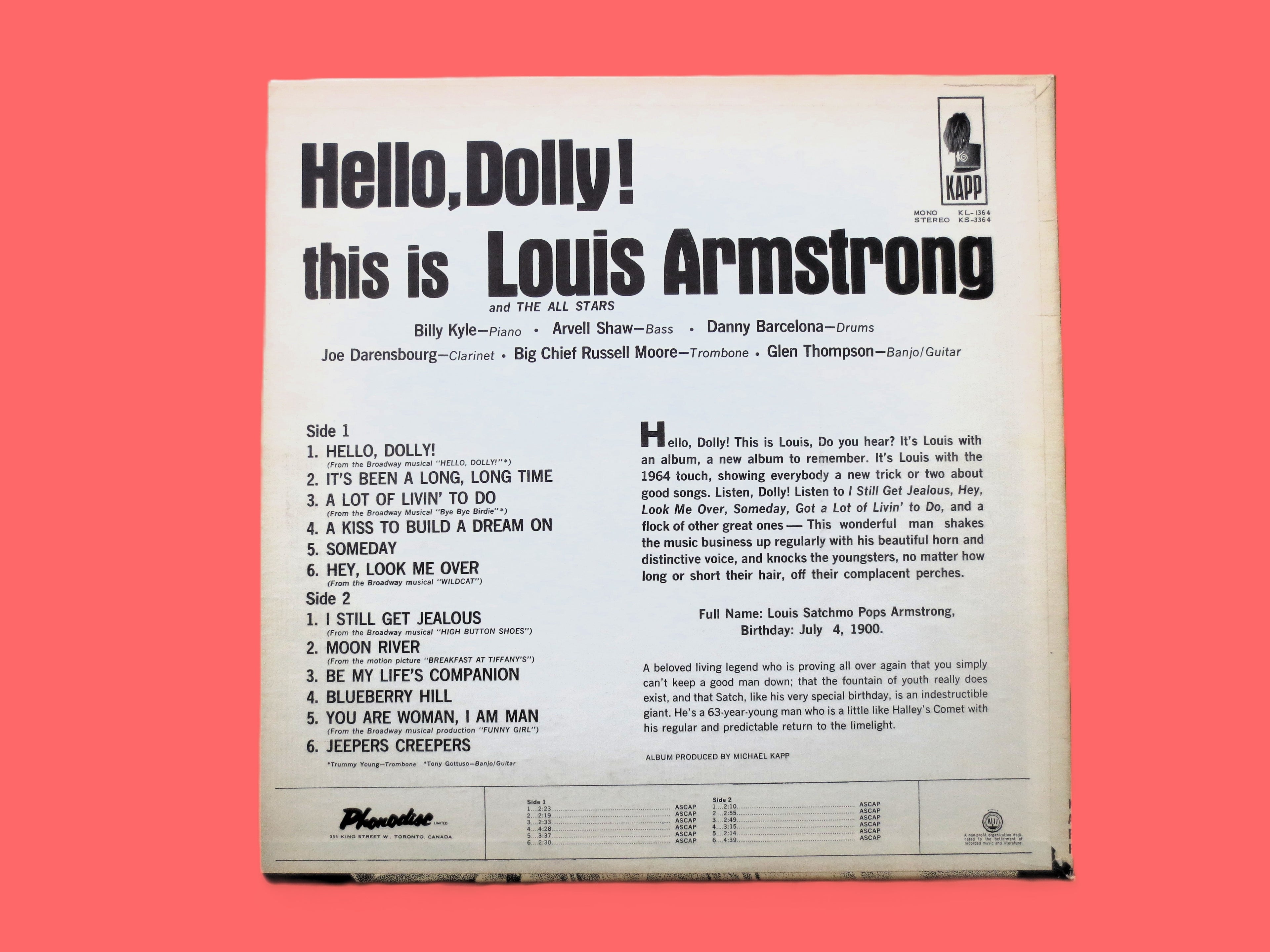 LOUIS ARMSTRONG, HELLO Dolly, Vintage Jazz Album, 1964 Records, Vinyl Lp