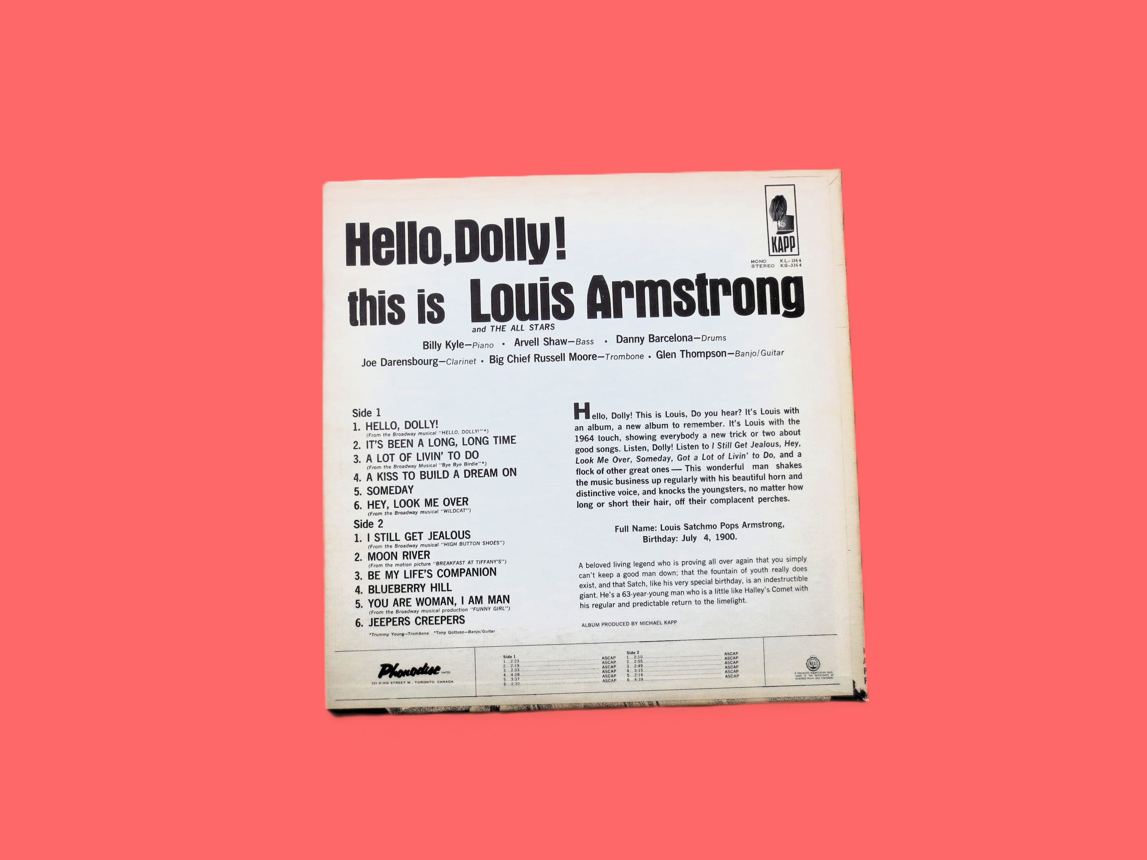 LOUIS ARMSTRONG, HELLO Dolly, Vintage Jazz Album, 1964 Records, Vinyl Lp