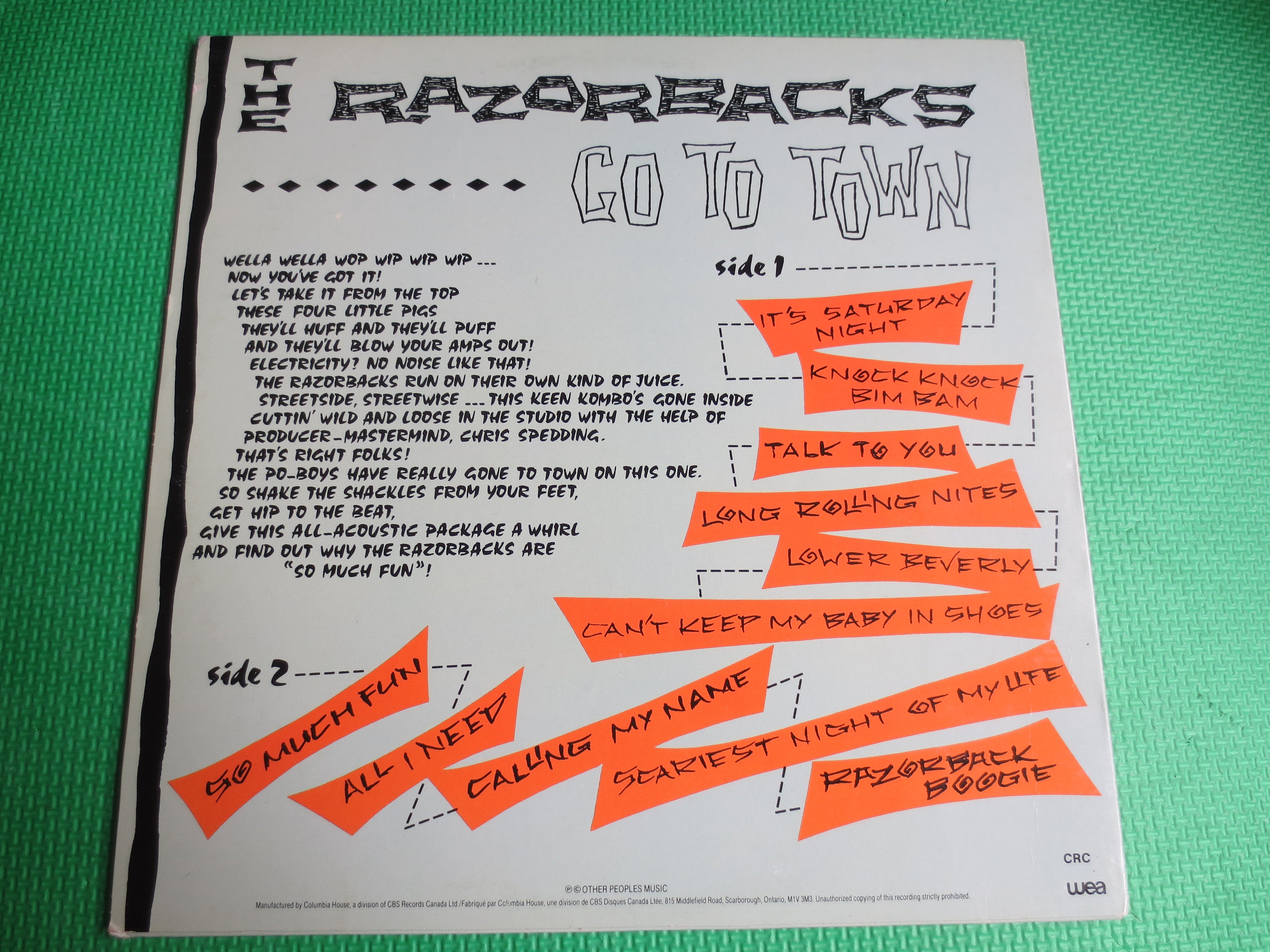 The RAZORBACKS, Go To Town, Rockabilly Album, 1988 Record, Vinyl Lp