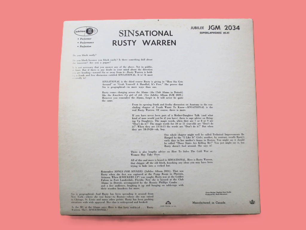 RUSTY WARREN, SINSATIONAL, Comedy Album, 1961 Record, Vinyl Lp
