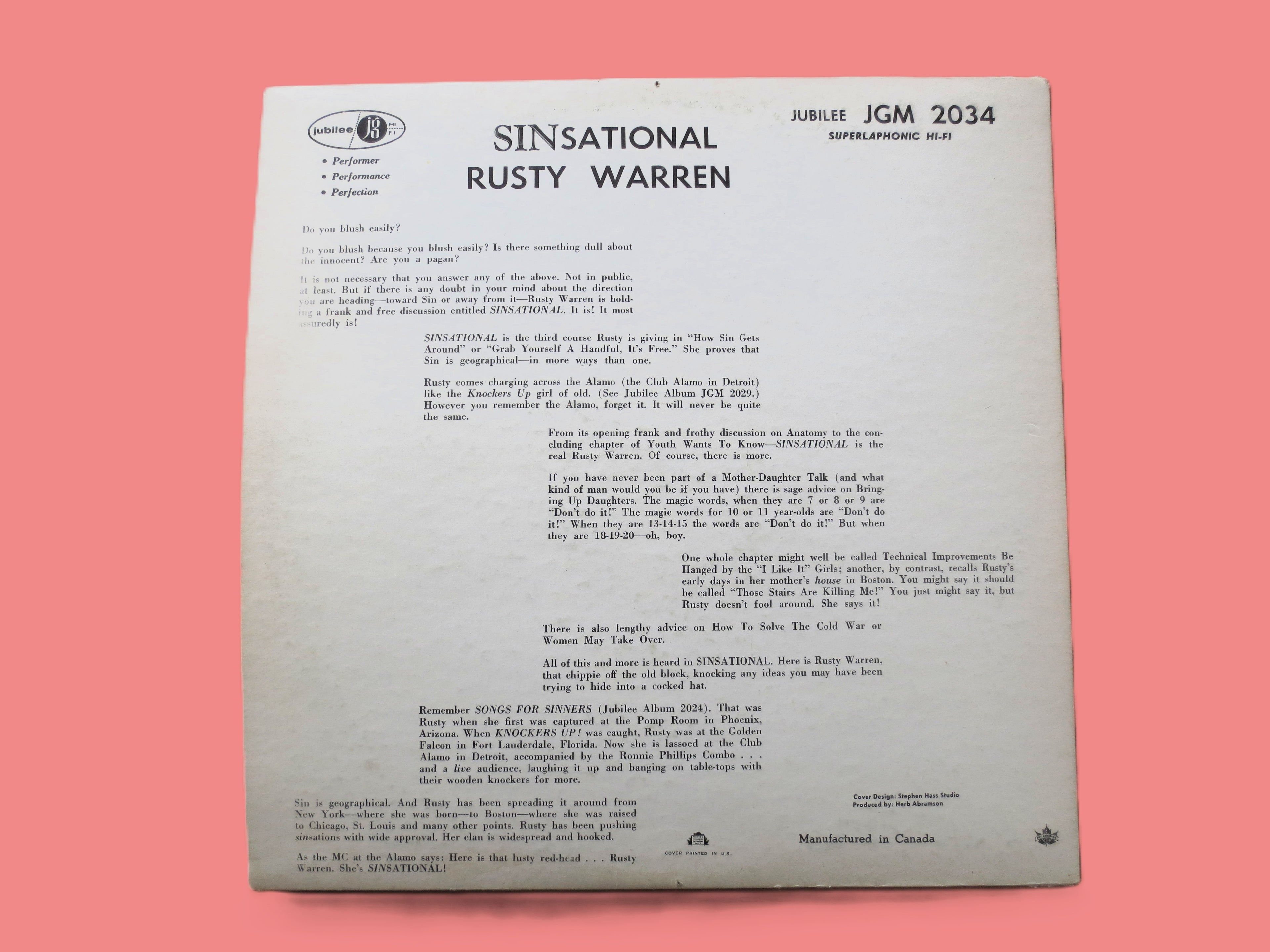 RUSTY WARREN, SINSATIONAL, Comedy Album, 1961 Record, Vinyl Lp
