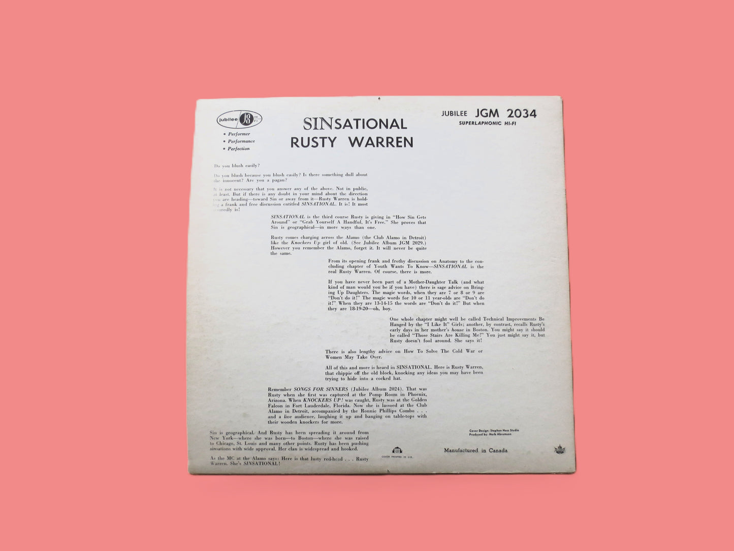 RUSTY WARREN, SINSATIONAL, Comedy Album, 1961 Record, Vinyl Lp