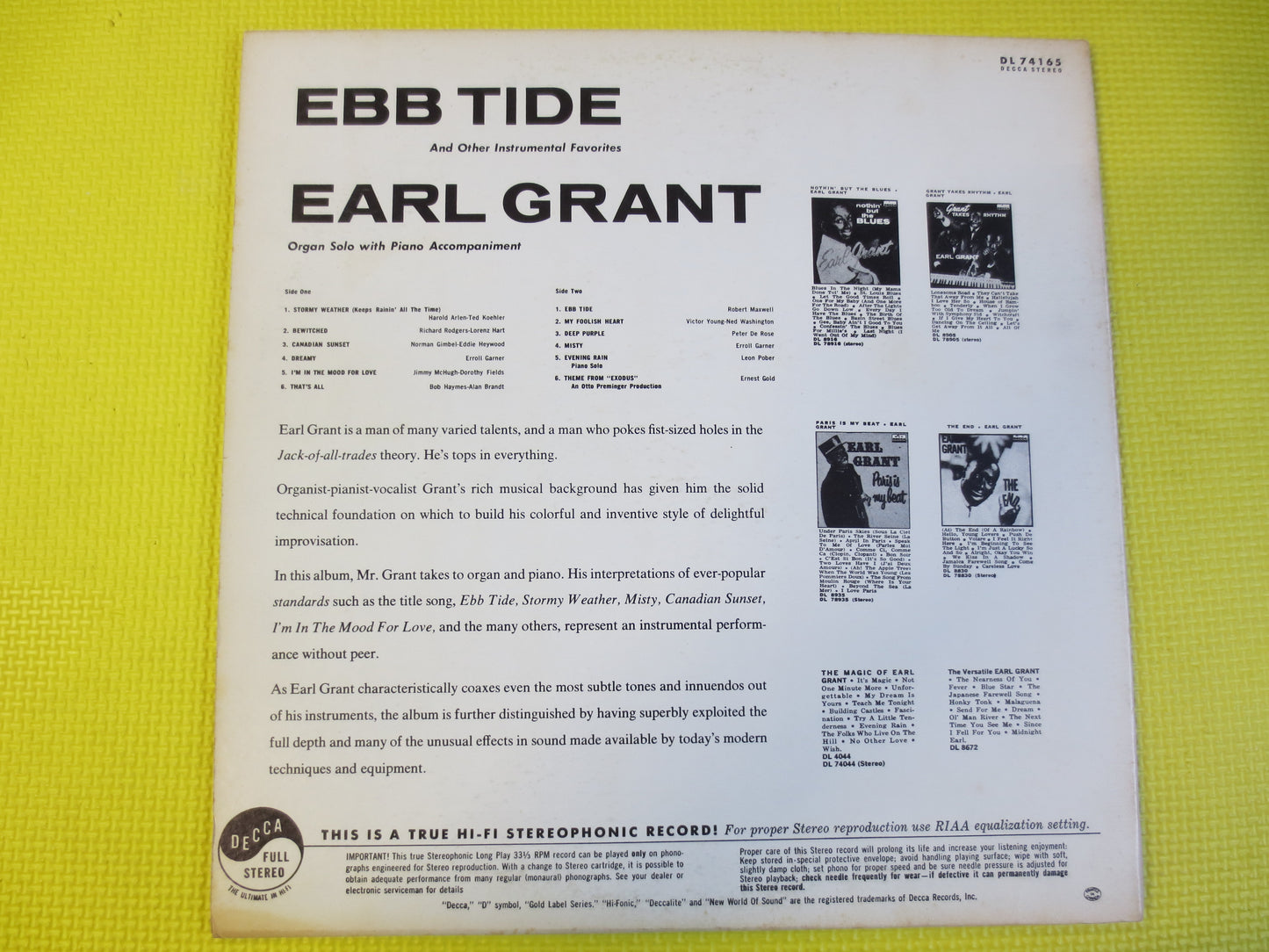 EARL GRANT, EBB Tide, Earl Grant Record, Earl Grant Album, Earl Grant Lp, Jazz Record, Jazz Album, Vintage Records, Jazz Lp, 1961 Records