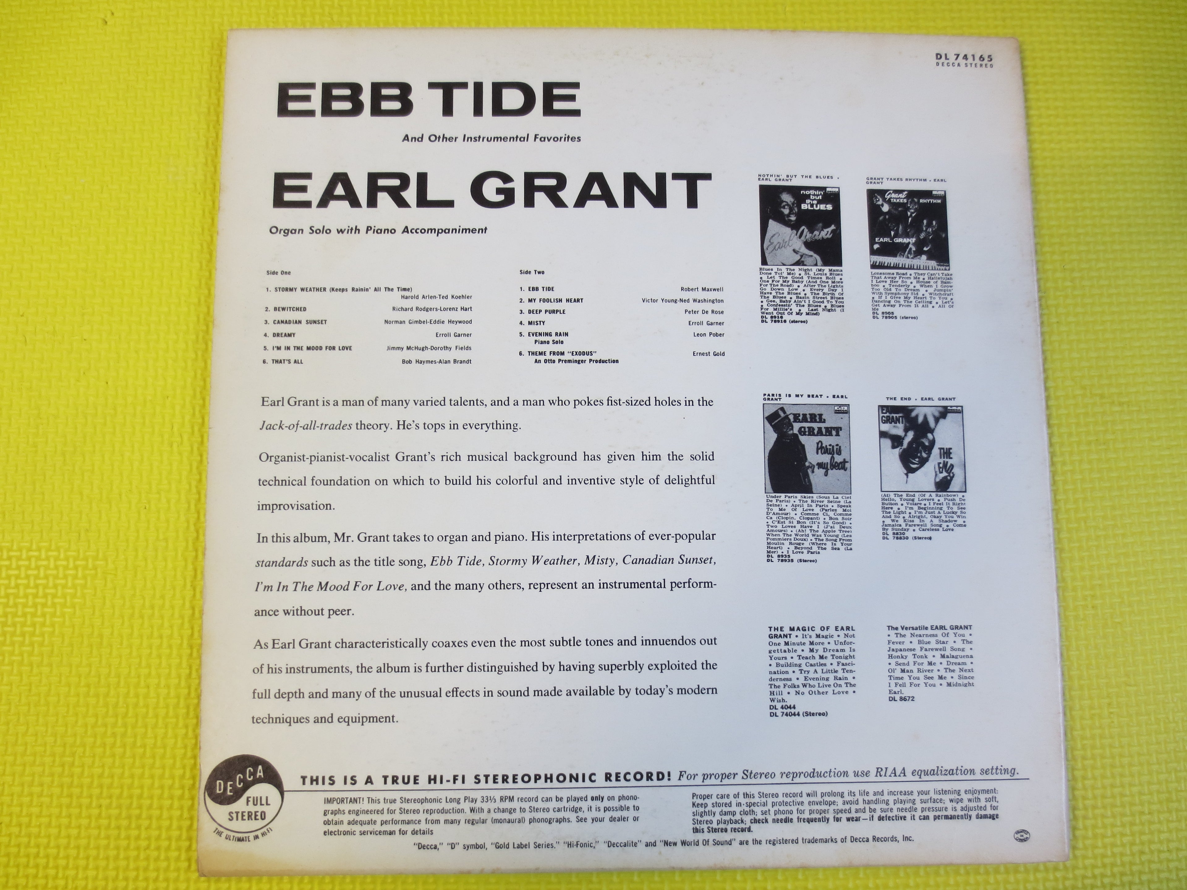 EARL GRANT, EBB Tide, Earl Grant Record, Earl Grant Album, Earl Grant Lp, Jazz Record, Jazz Album, Vintage Records, Jazz Lp, 1961 Records