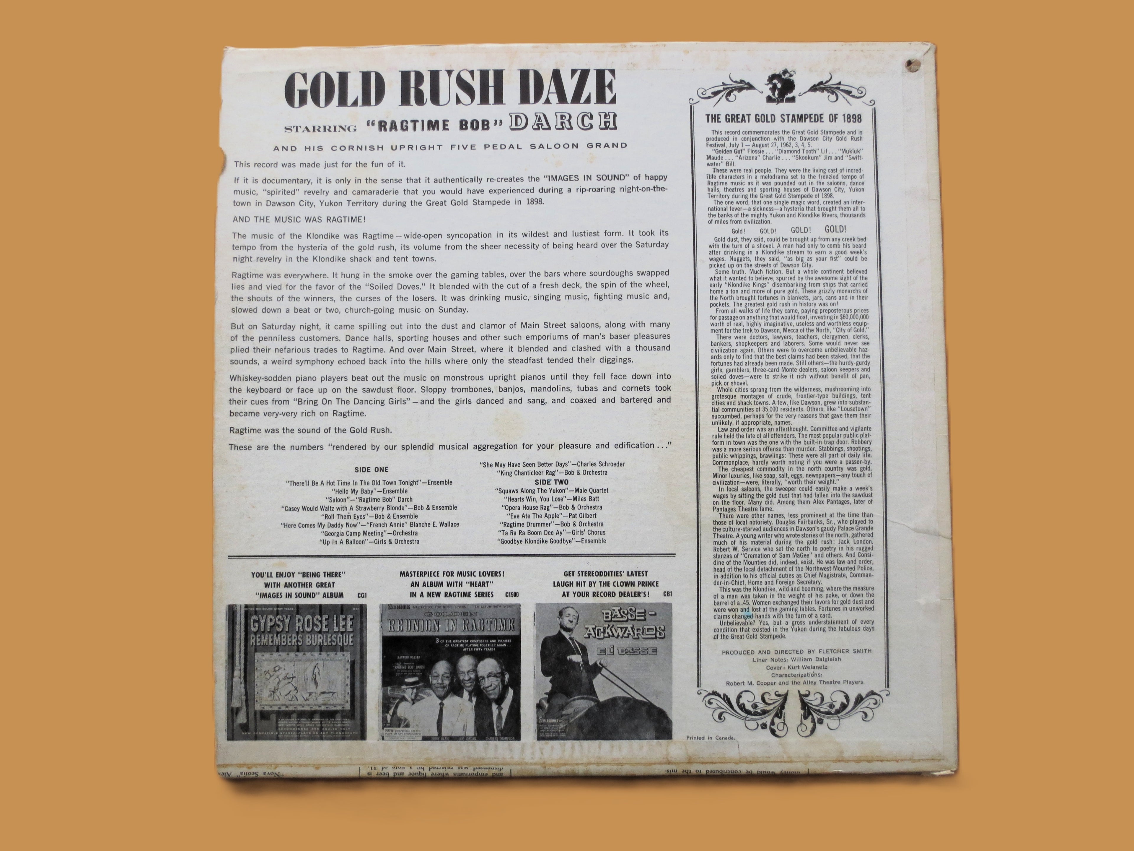 RAGTIME BOB DARCH, Gold Rush Daze, Ragtime Music, Vintage Album, 1962 Record, Vinyl Lp