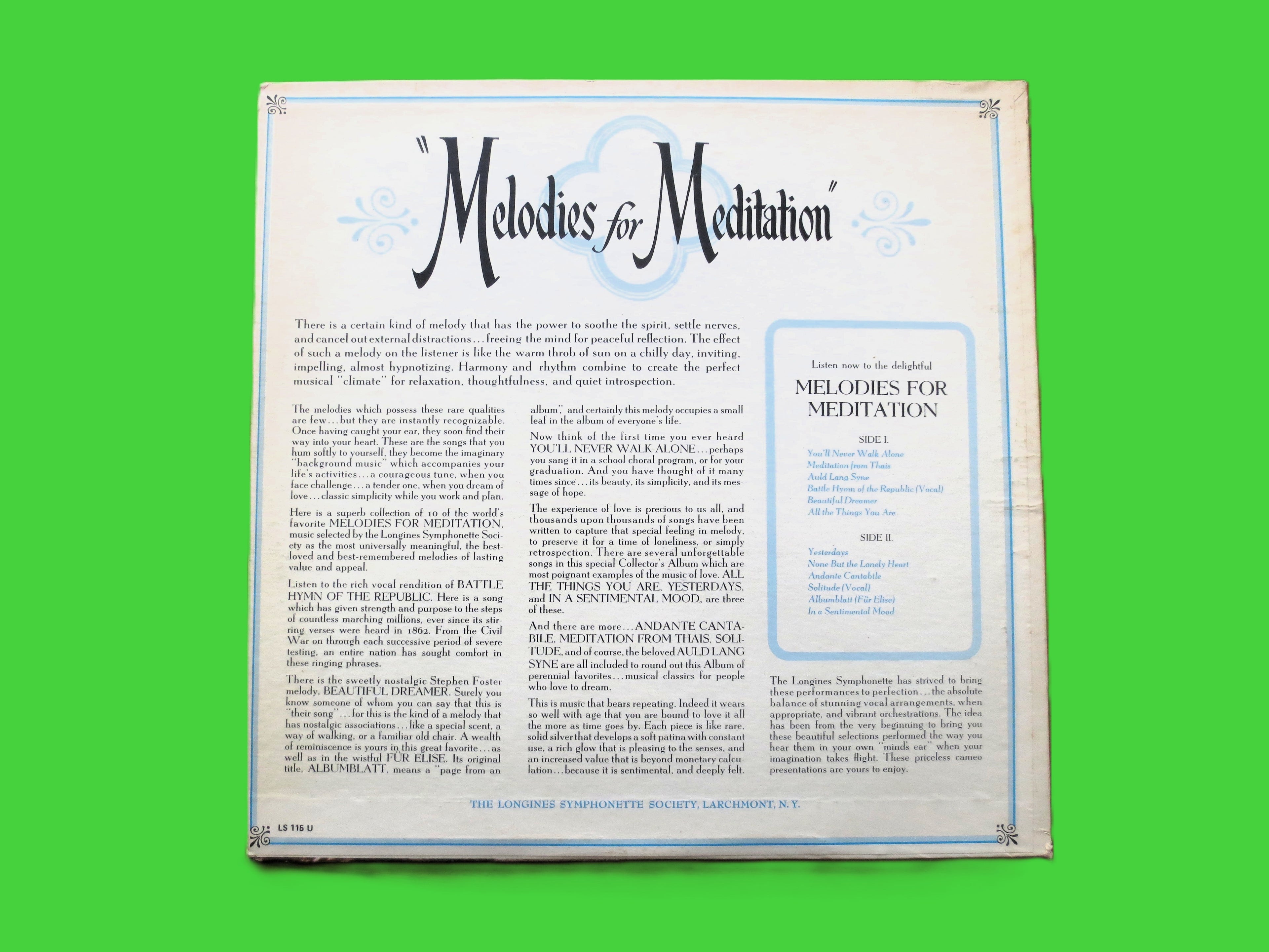 MELODIES for MEDITATION, Classic Tranquility, Vintage Album, circa 1967 Record, Vinyl Lp