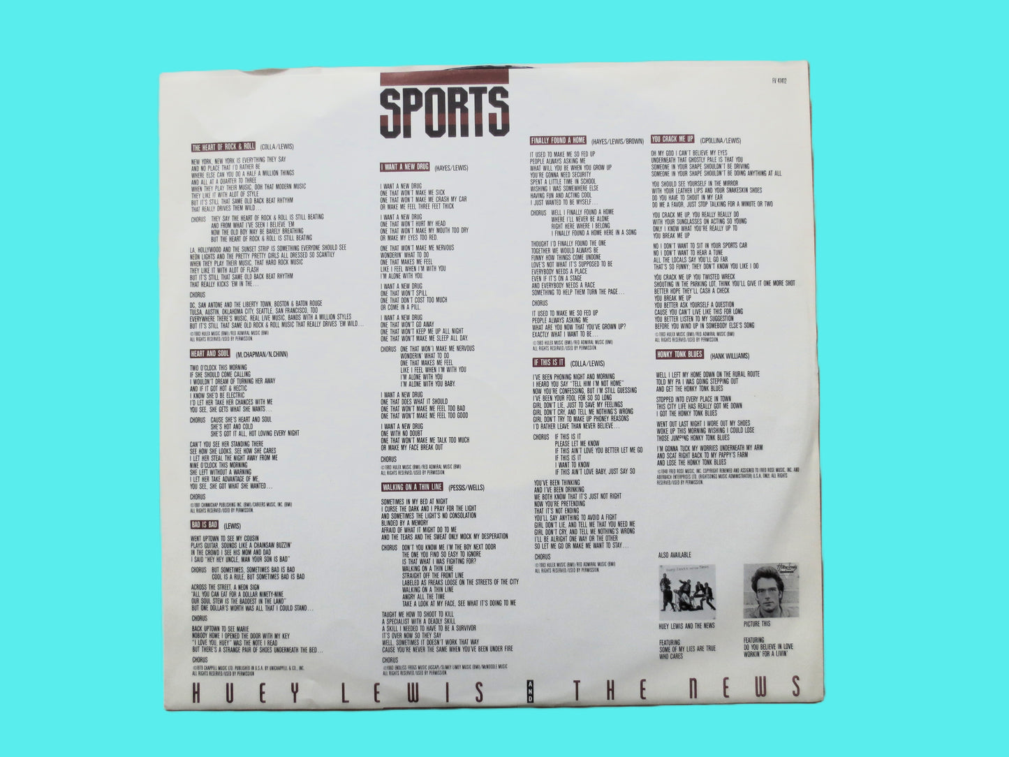 HUEY LEWIS and the News, SPORTS, Vintage Album, 1983 Record, Vinyl Lp