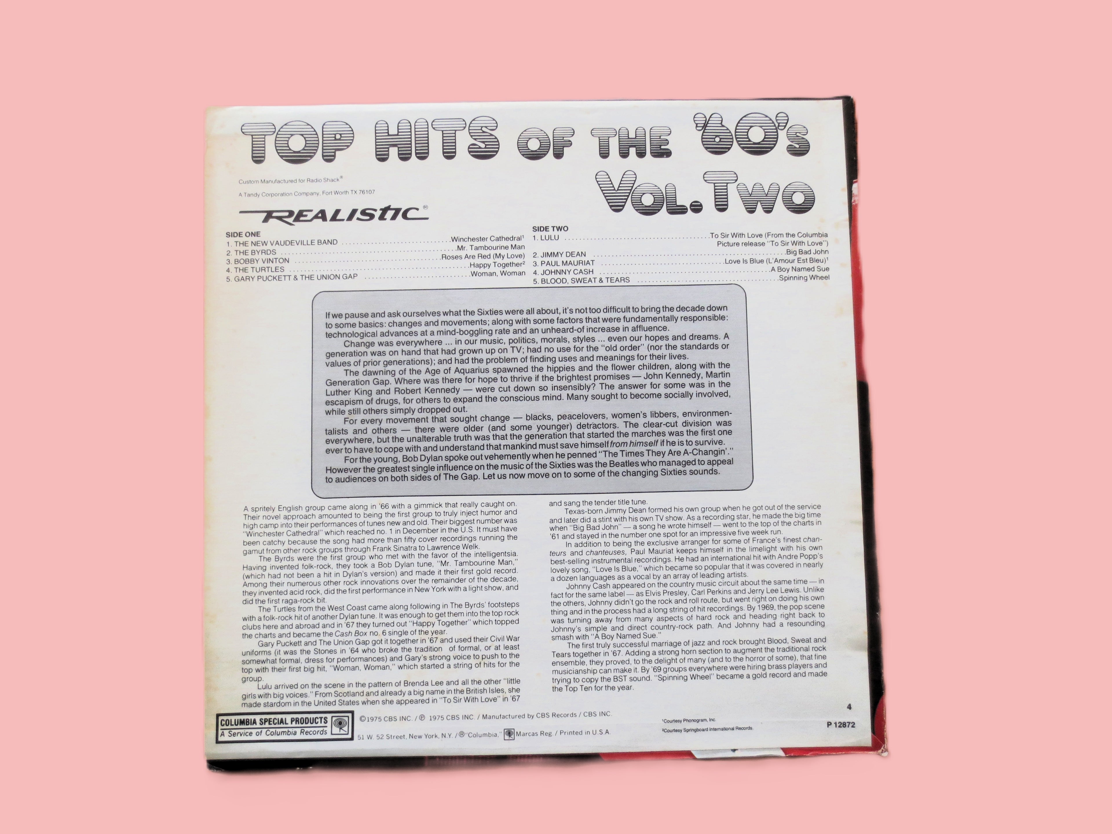 REALISTIC, TOP HITS of the 60's, Vintage Album, 1975 Record, Vinyl Lp