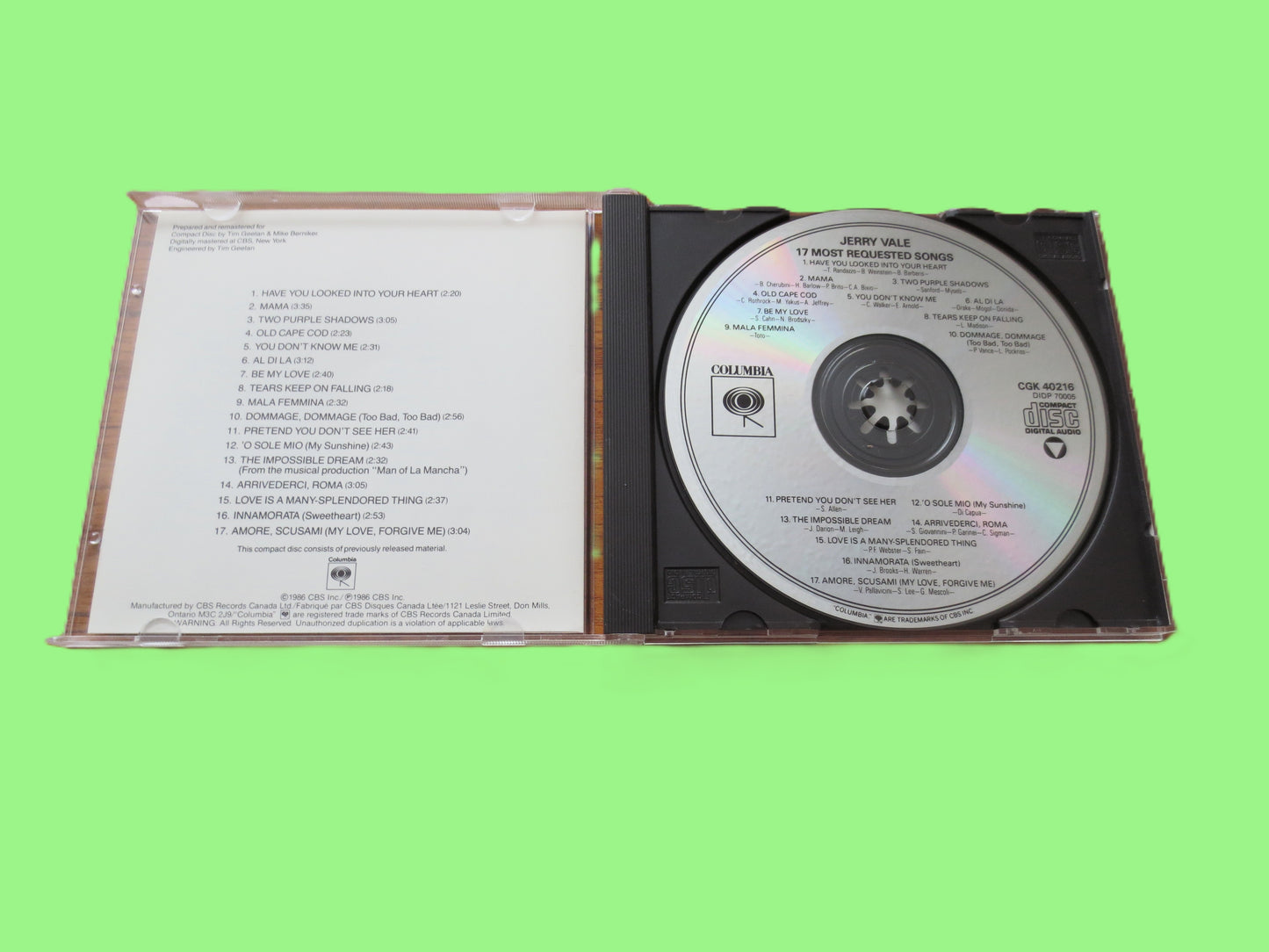 JERRY VALE, 17 Most Requested Songs, 1986 Compact Disc, Vintage Cd