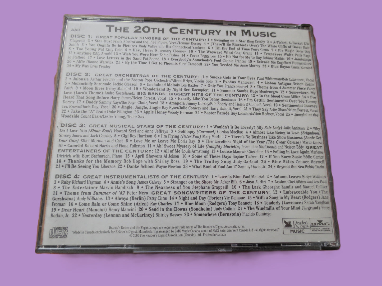 20th Century in Music, READERS DIGEST, Double Disc, 2000 Compact Disc, Vintage Cd