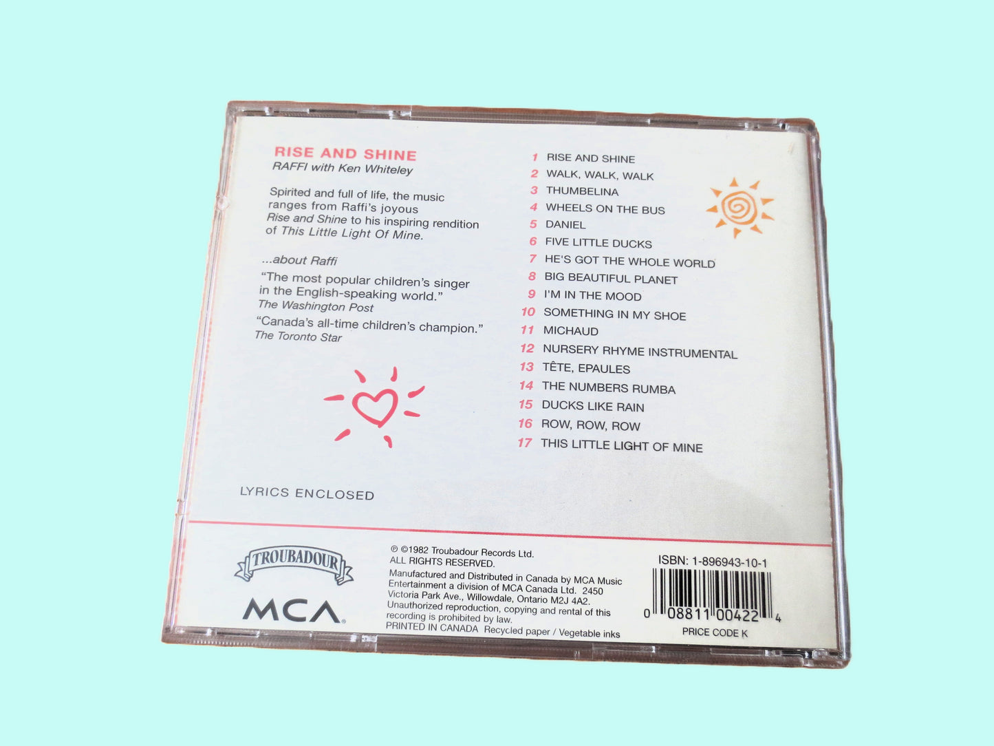 RAFFI, Rise and Shine, Children's Music, 1982 Compact Disc, Vintage Cd