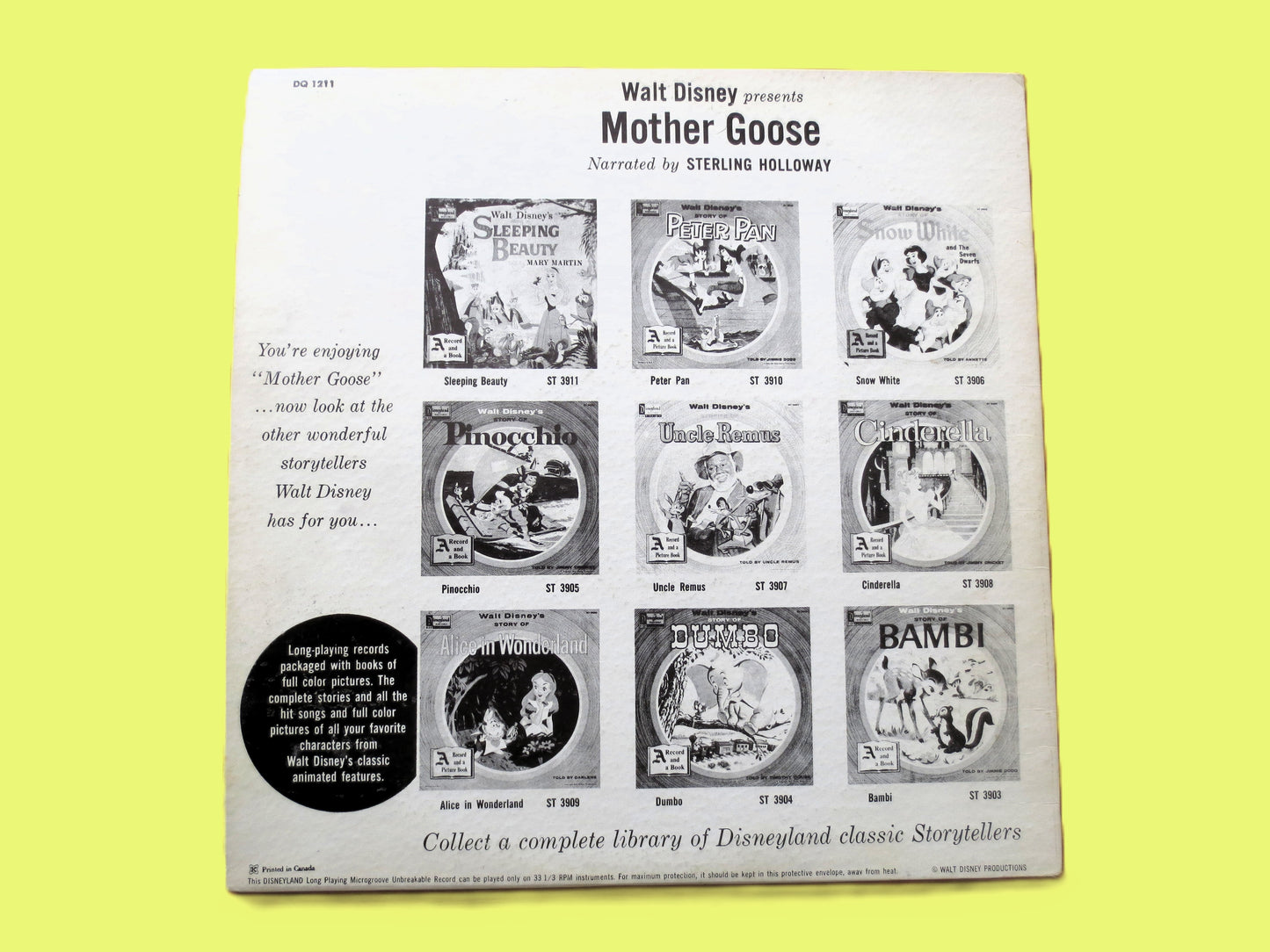 MOTHER GOOSE, Nursery Rhymes, DISNEYLAND Record, 1964 Record, Vinyl Lp
