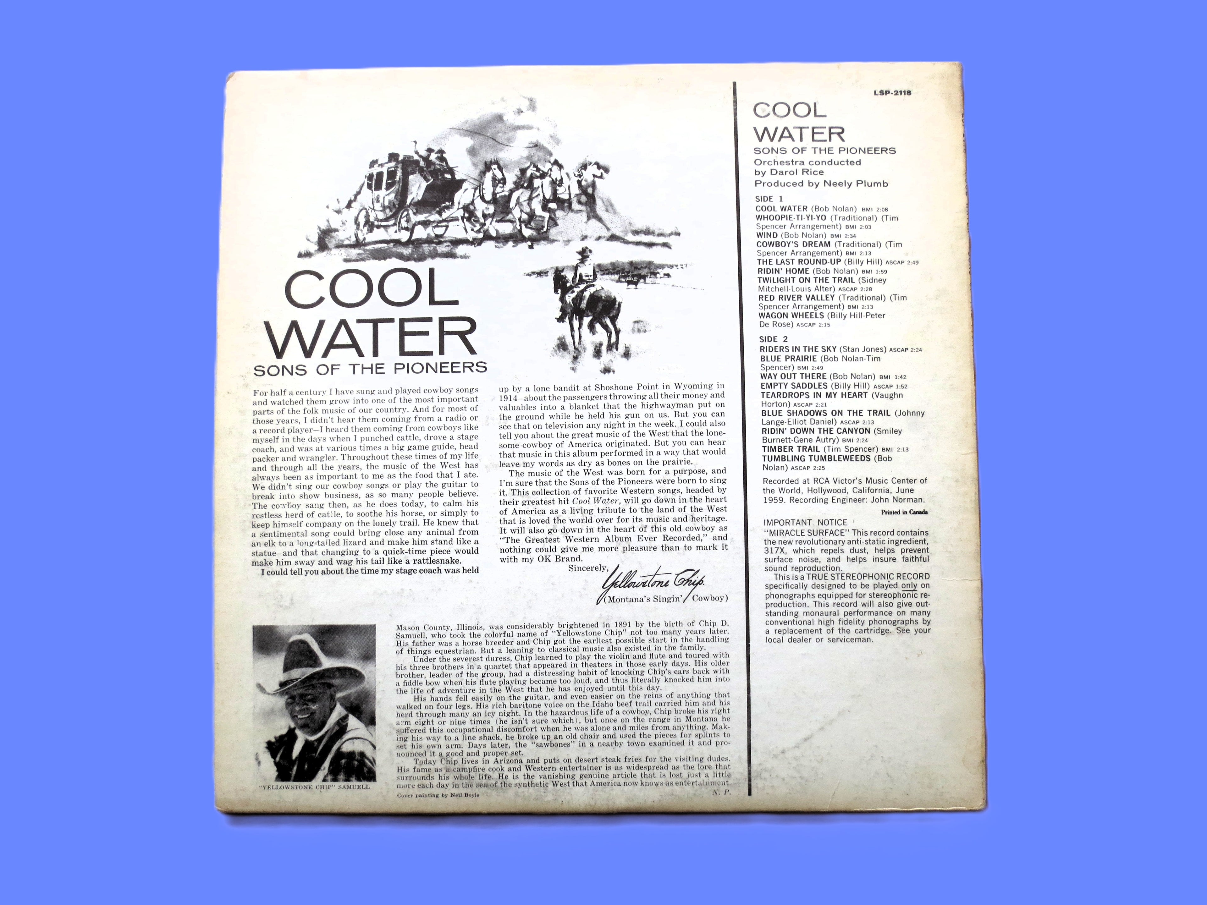 SONS of the PIONEERS, Cool Water, Vintage Album, 1960 Record, Vinyl Lp