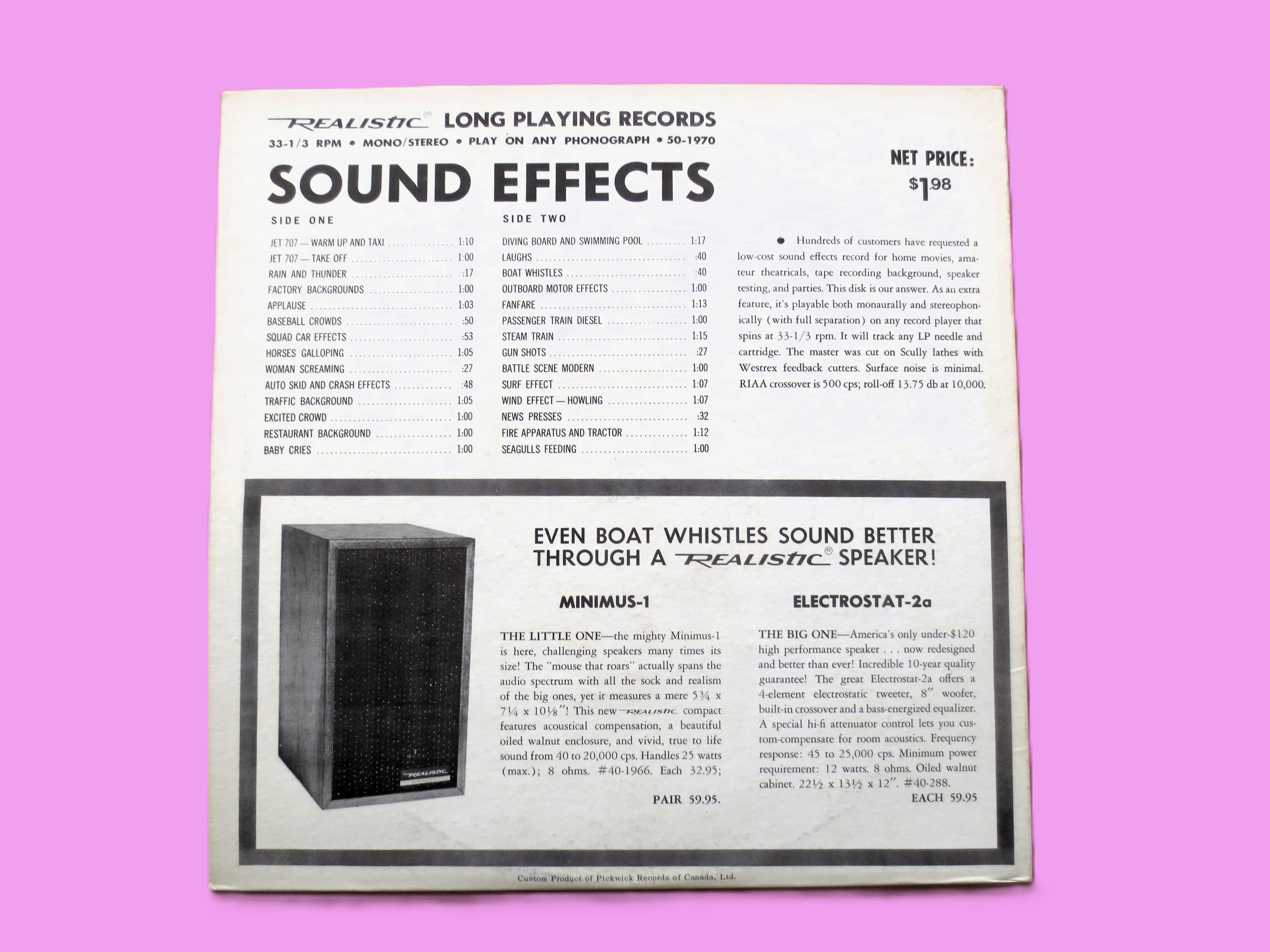 28 Timed SOUND EFFECTS, Realistic, Vintage Album, 1970 Record, Vinyl Lp