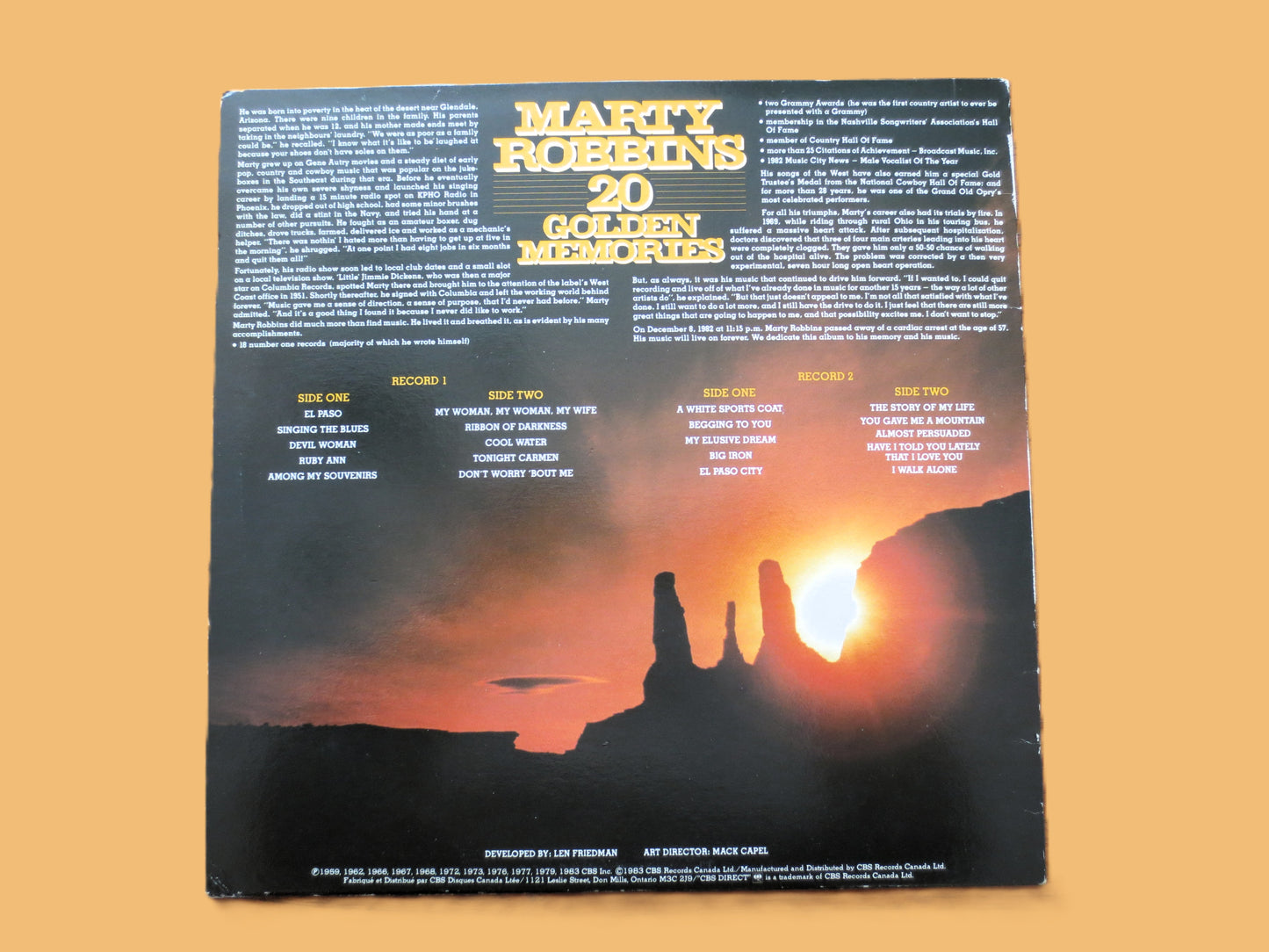 MARTY ROBBINS, 20 Golden Memories, Vintage Double Album, 1983 Record, Vinyl Lp