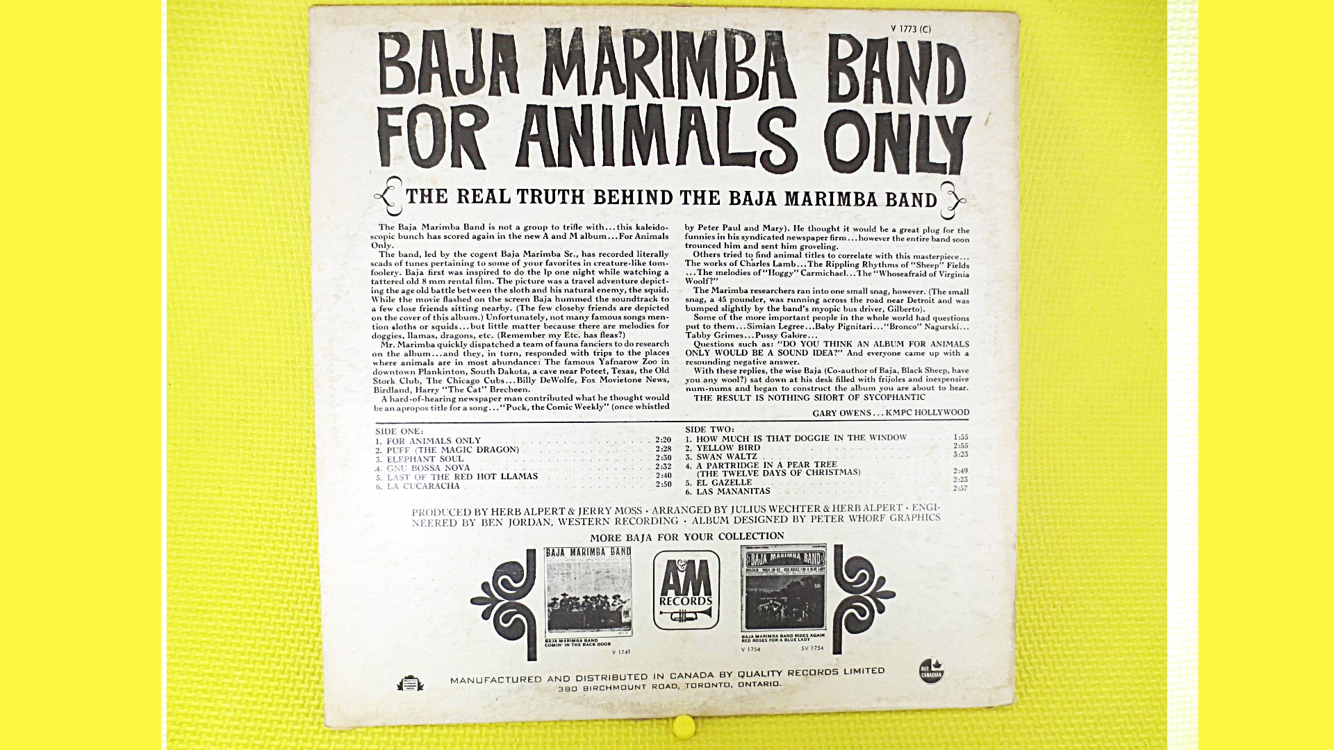 BAJA MARIMBA Band, For ANIMALS Only, Tango Record, Tango Album, Latin Music Record, Tango Lp, Vintage Vinyl, 1965 Records
