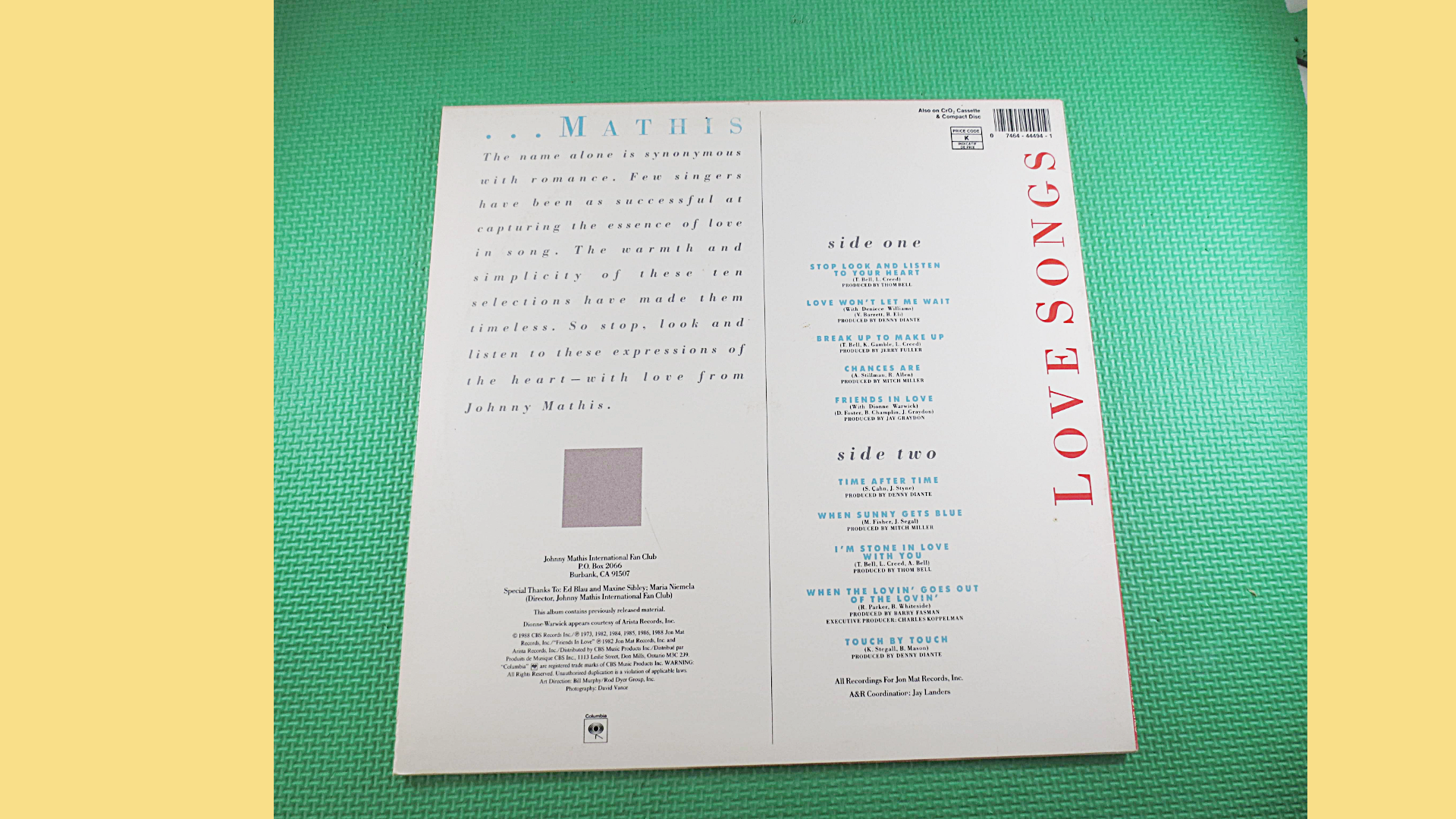 JOHNNY MATHIS, LOVE Songs, Johnny Mathis Album, Johnny Mathis Vinyl, Johnny Mathis Lp, Johnny Mathis Record, Vintage Records, 1988 Records
