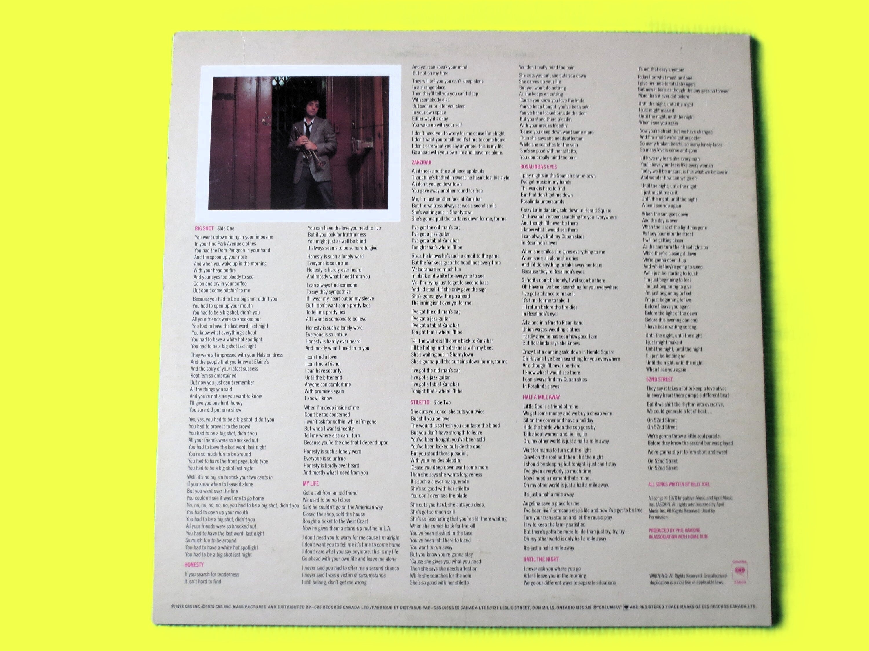 BILLY JOEL, 52nd Street, Vintage Album, 1978 Record, Vinyl Lp