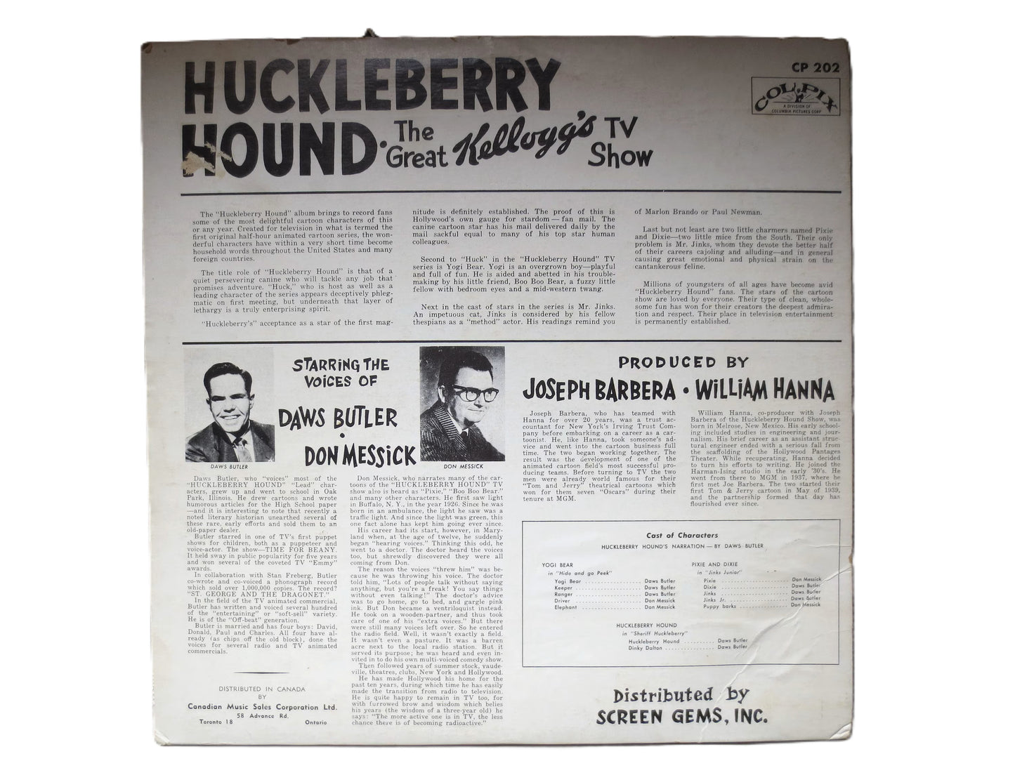 HUCKLEBERRY HOUND, Kellogg's TV Show, Vintage Album, 1959 Record, Vinyl Lp