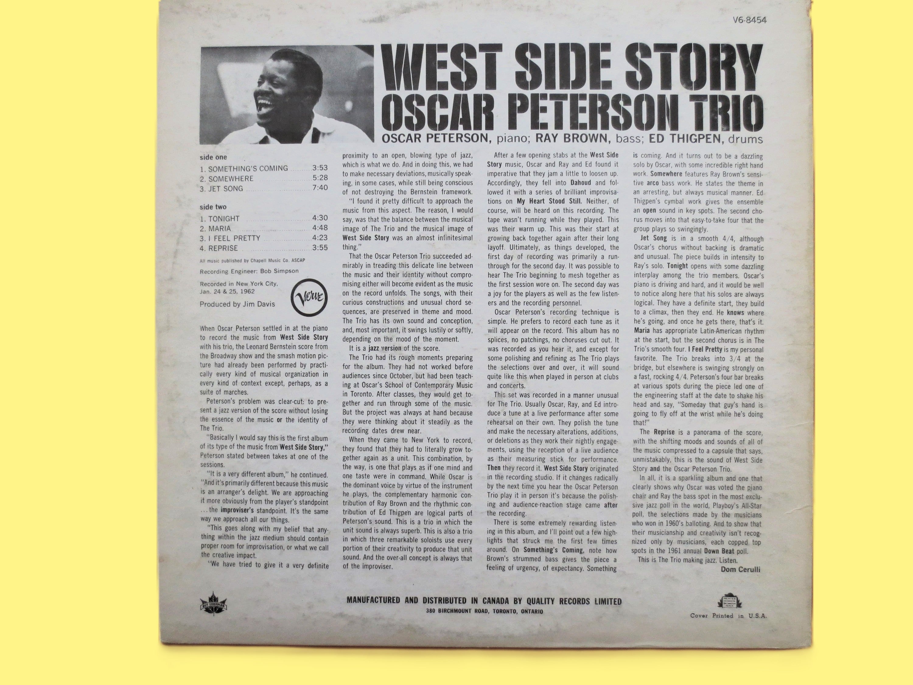 OSCAR PETERSON TRIO, West Side Story, Vintage Jazz Album, 1962 Record, Vinyl Lp