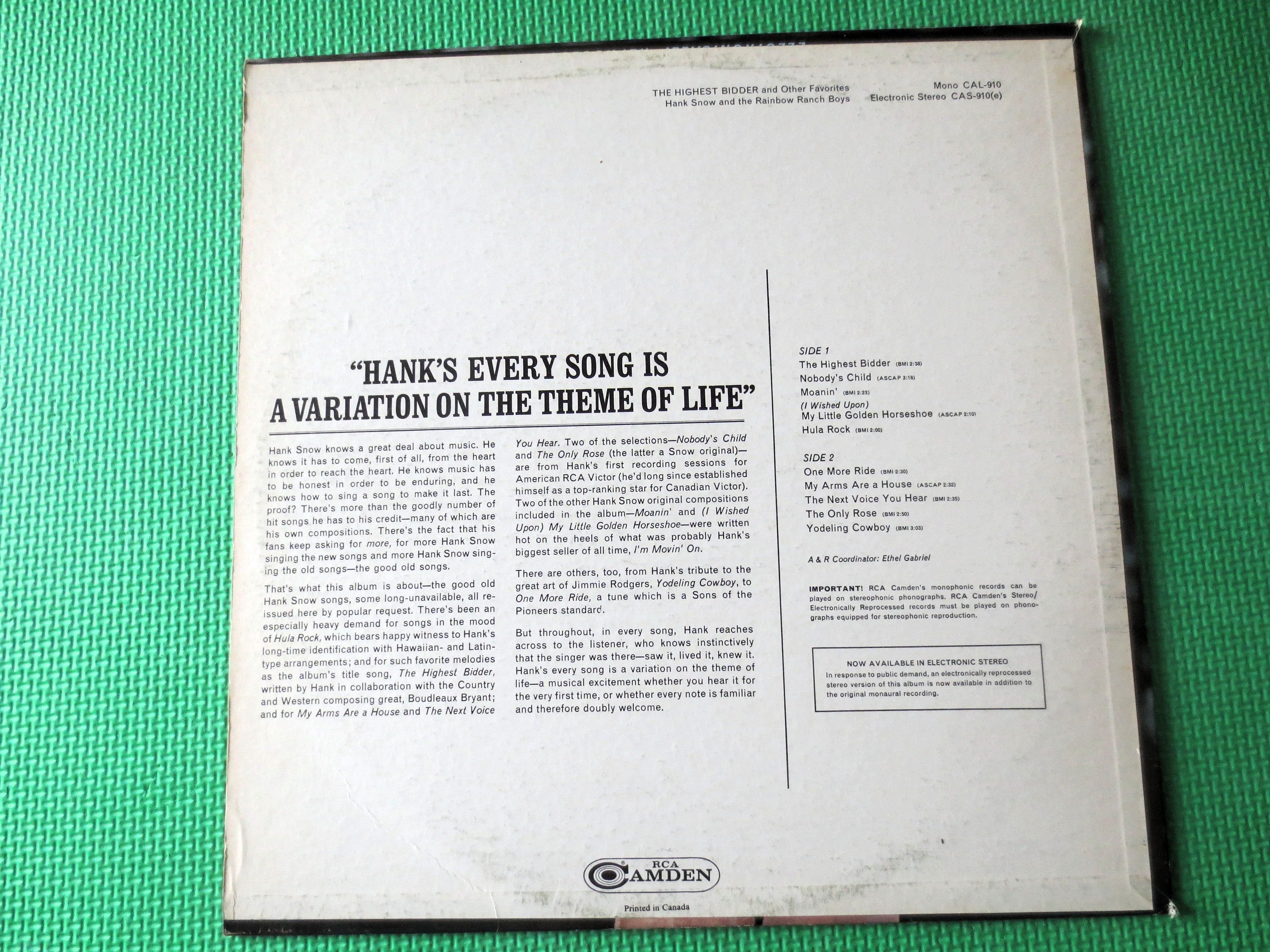 Hank Snow – The Highest Bidder (1965) Vinyl LP