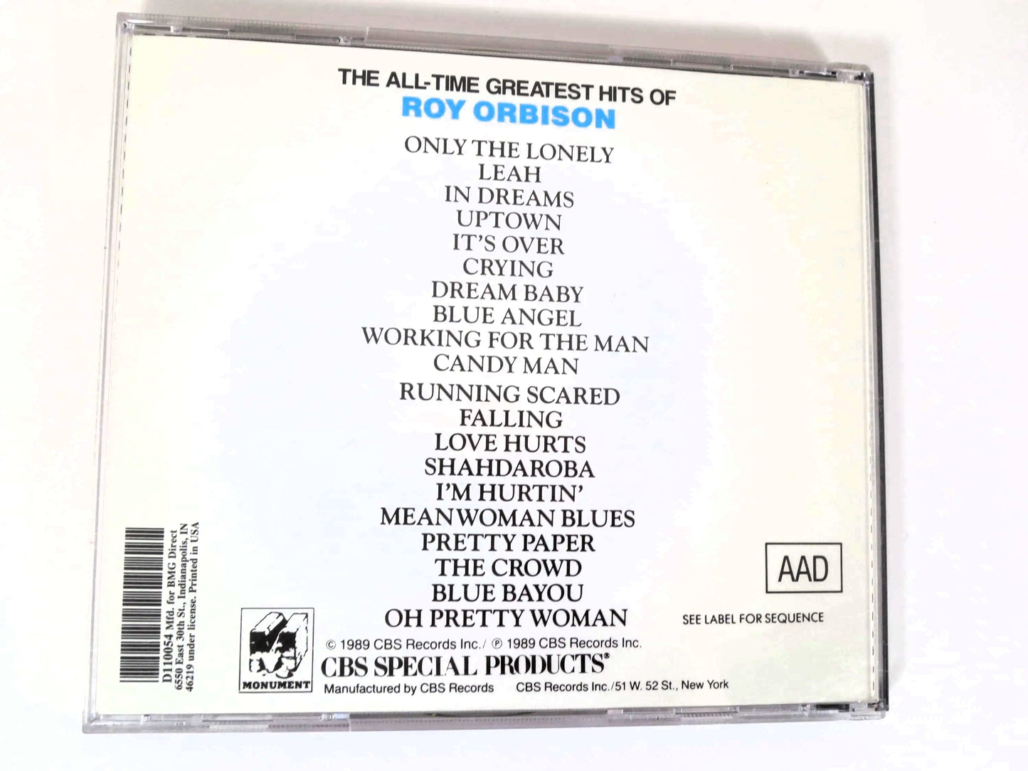 ROY ORBISON, All-Time GREATEST Hits, Pop Cd, Roy Orbison Cd, Roy Orbison Songs, Roy Orbison Album, Roy Orbison Lp, Cds, 1989 Compact Disc
