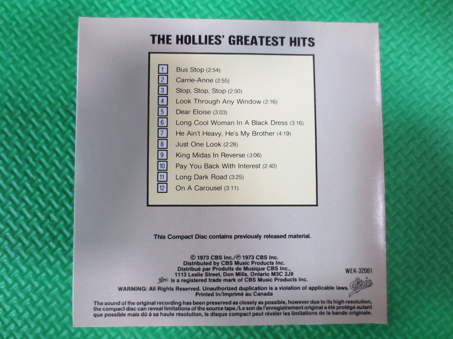 The HOLLIES, GREATEST Hits, The Hollies Cd, The Hollies Lp, Vintage Compact Disc, Rock Cd, Rock Music Cd, Compact Discs