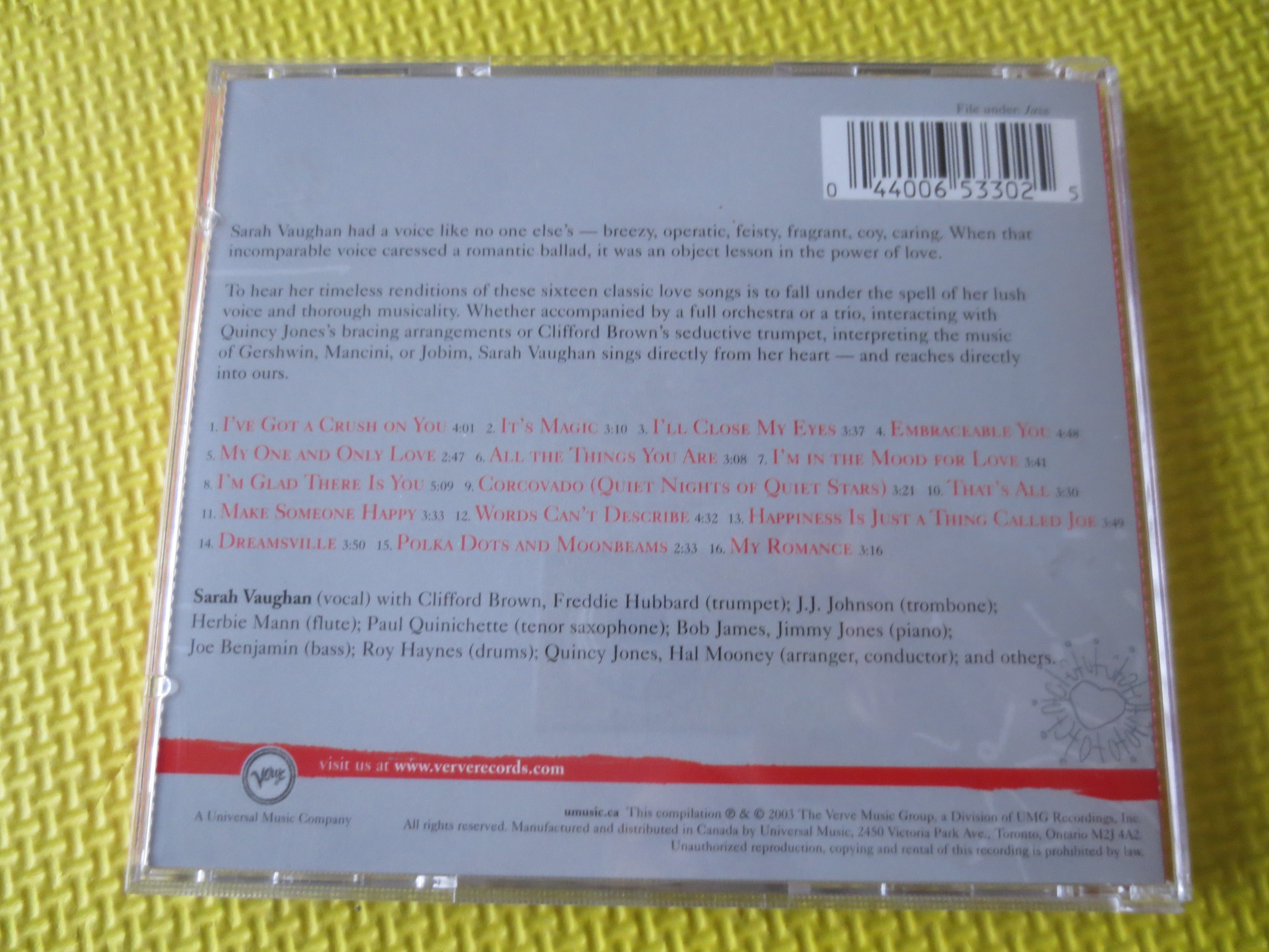 SARAH VAUGHAN, Sarah For Lovers, Jazz Album, 2003 Compact Disc, Vintage Cd