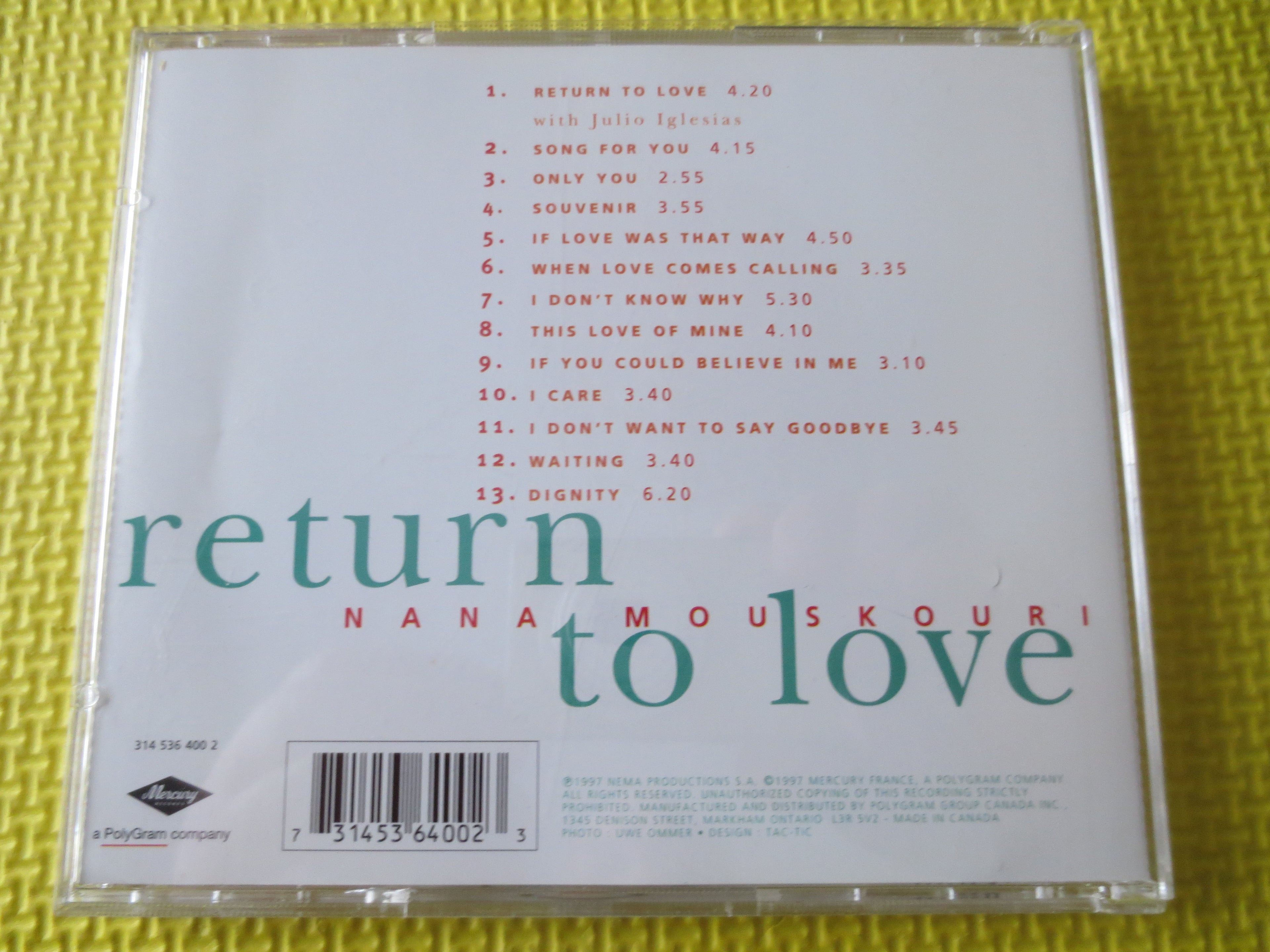 NANA MOUSKOURI, Return to Love, Classical Music, 1997 Compact Disc, Vintage Cd