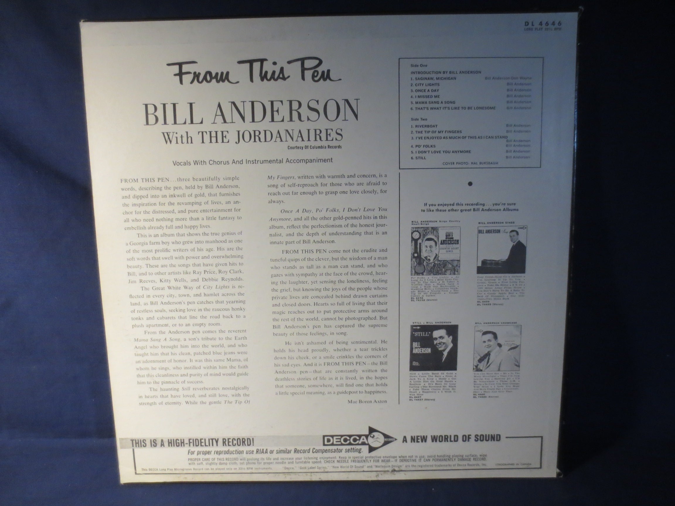 Bill Anderson – From This Pen (1965) Vinyl LP