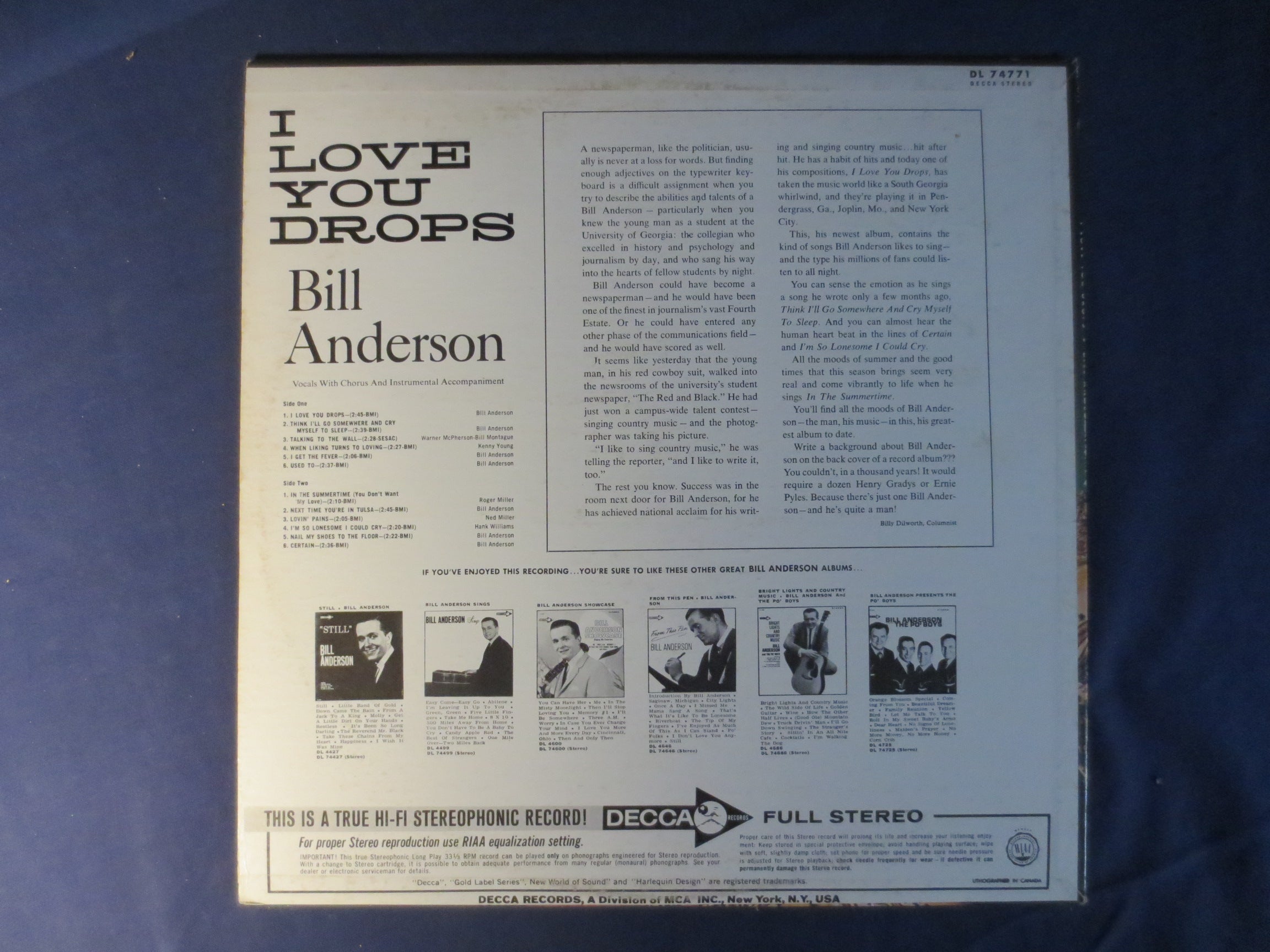 Bill Anderson – I Love You Drops (1966) Vinyl LP